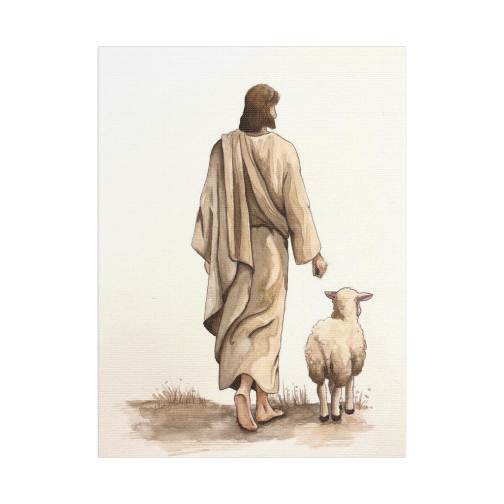 Jesus with Lamb Satin Canvas Wall Art – Christian Religious Stretched Canvas