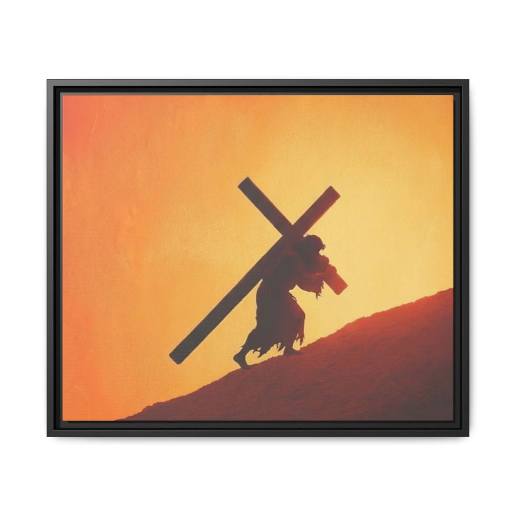 Jesus Christ Carrying Cross Framed Canvas — 'The World On His Shoulder' Sunset Art