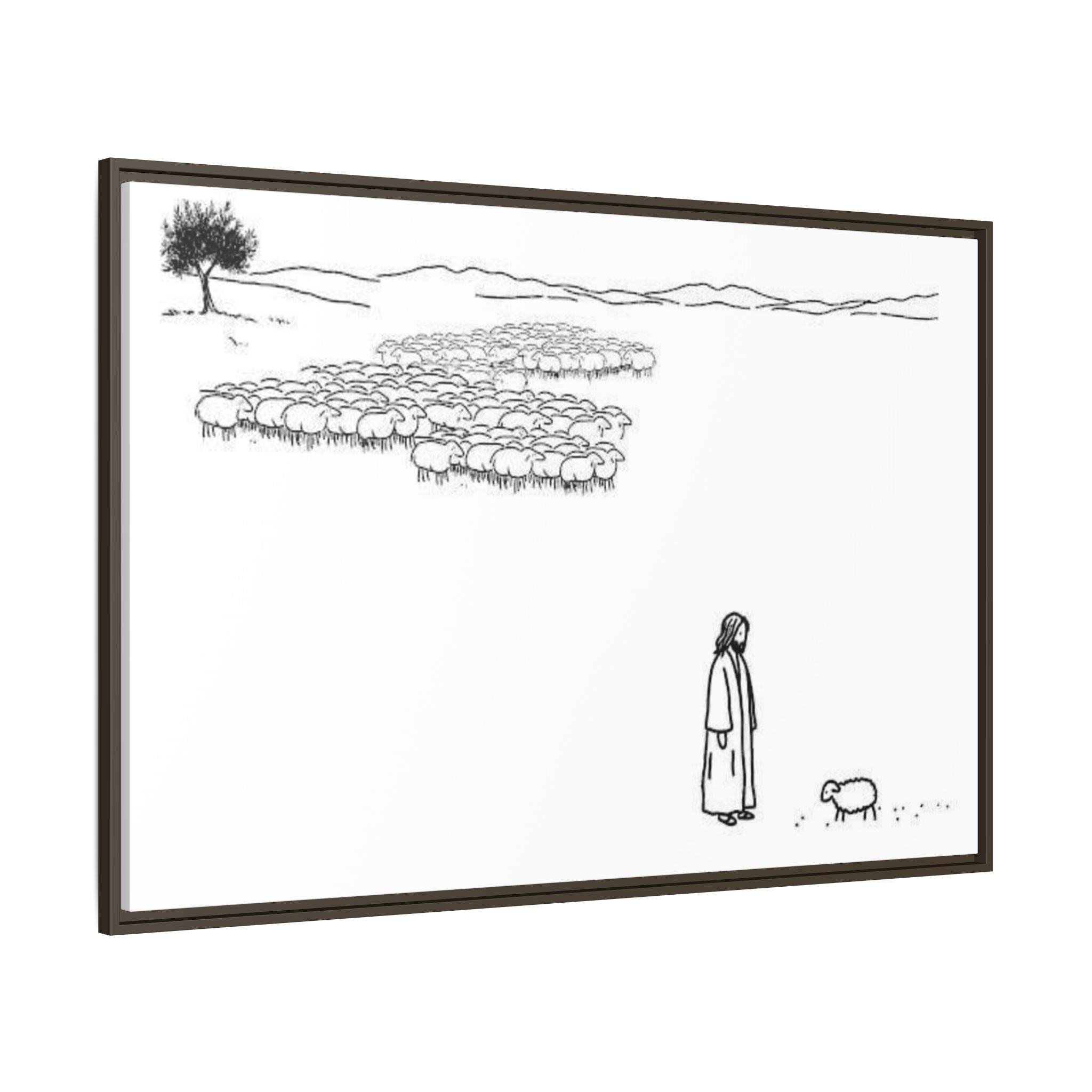 Framed Matte Canvas Print — Minimal The Good Shepherd & Flock Line Art