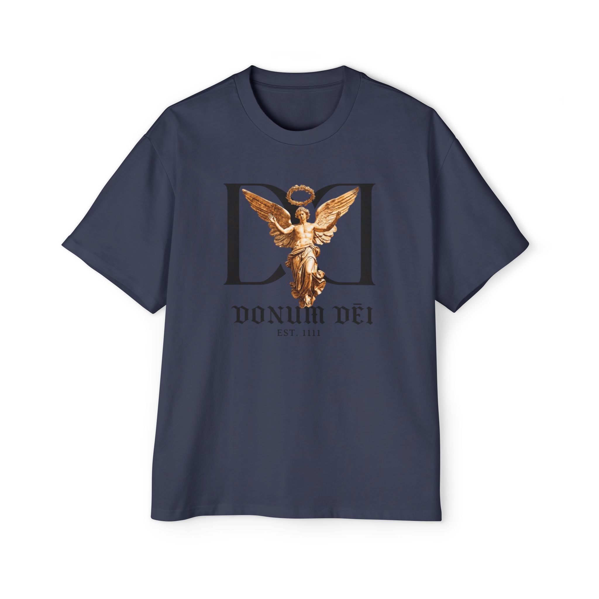 Donum Dei Angel Graphic Tee — Vintage Roman Lettering Men’s Oversized T‑Shirt