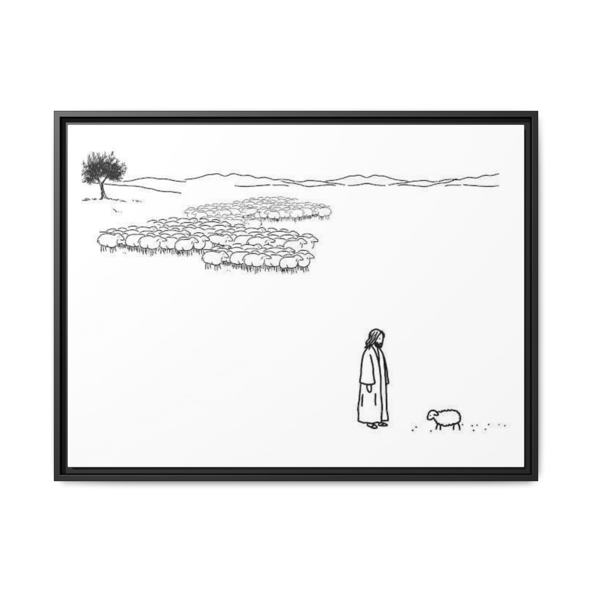 Framed Matte Canvas Print — Minimal The Good Shepherd & Flock Line Art