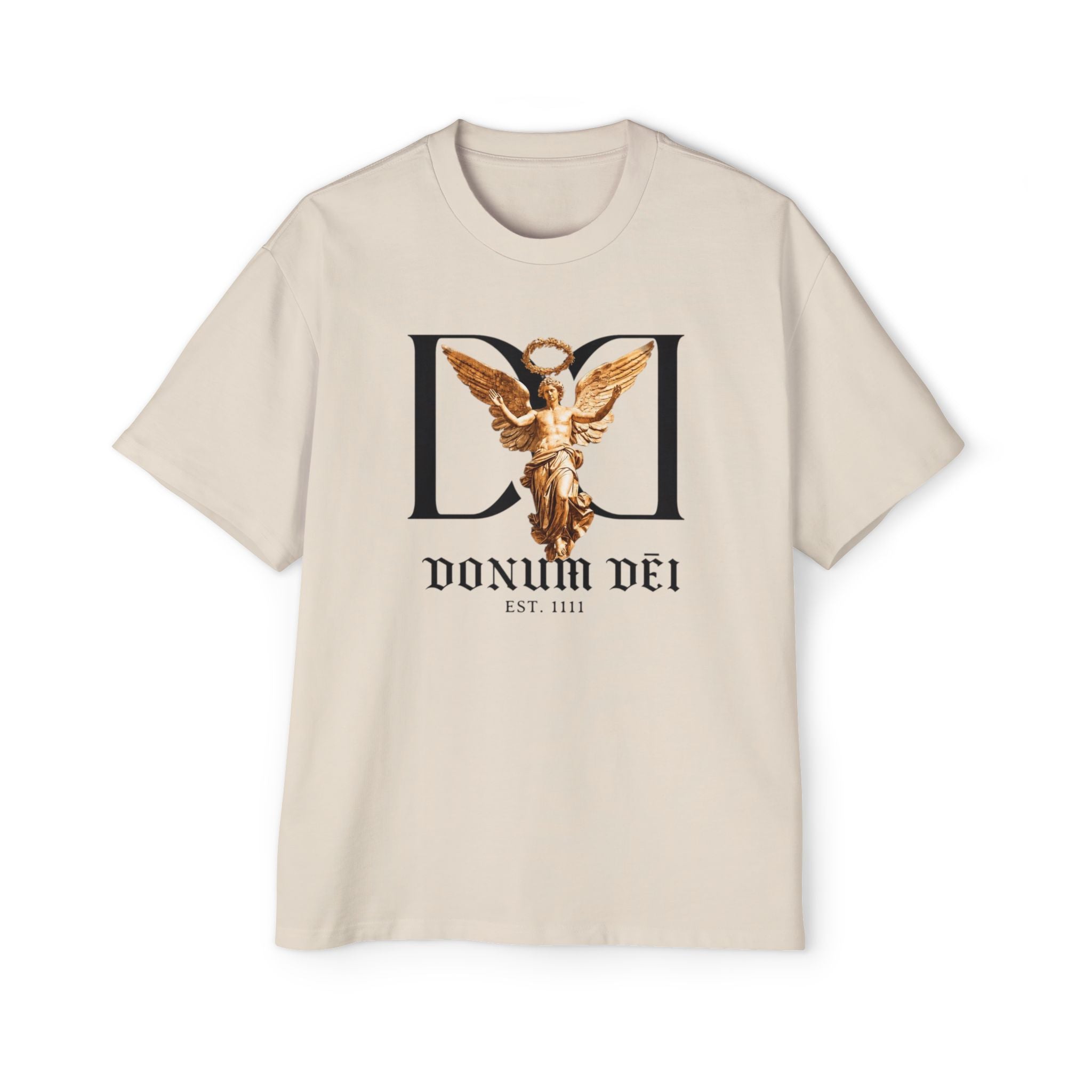 Donum Dei Angel Graphic Tee — Vintage Roman Lettering Men’s Oversized T‑Shirt