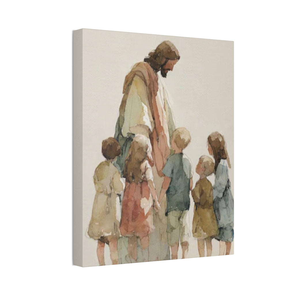 Faithful Father and Children Watercolor Canvas Print — Religious Nursery Wall Art