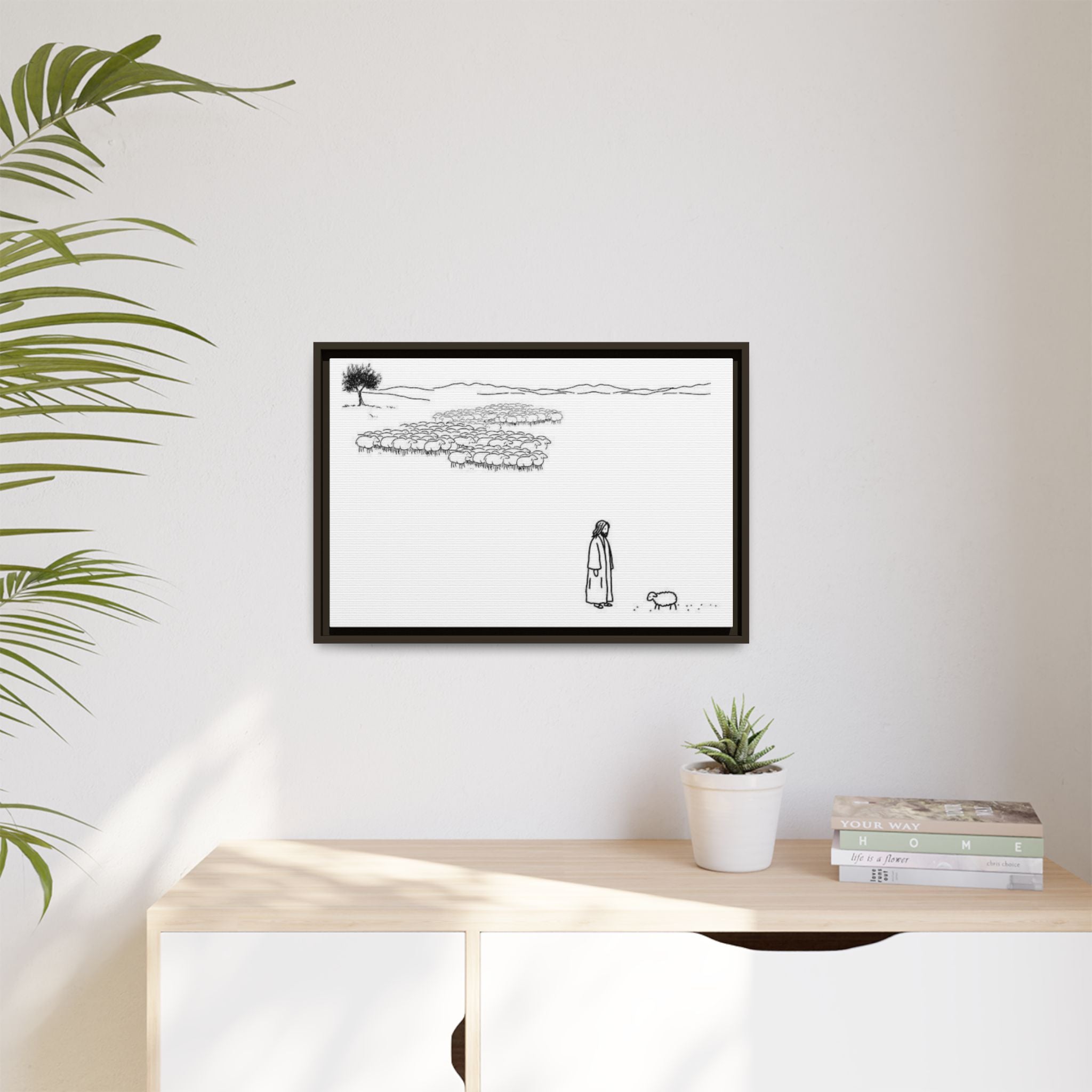 Framed Matte Canvas Print — Minimal The Good Shepherd & Flock Line Art