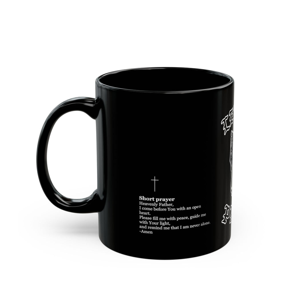 Let Us Pray Black Mug — Praying Hands Coffee Cup with John 3:16 Scripture