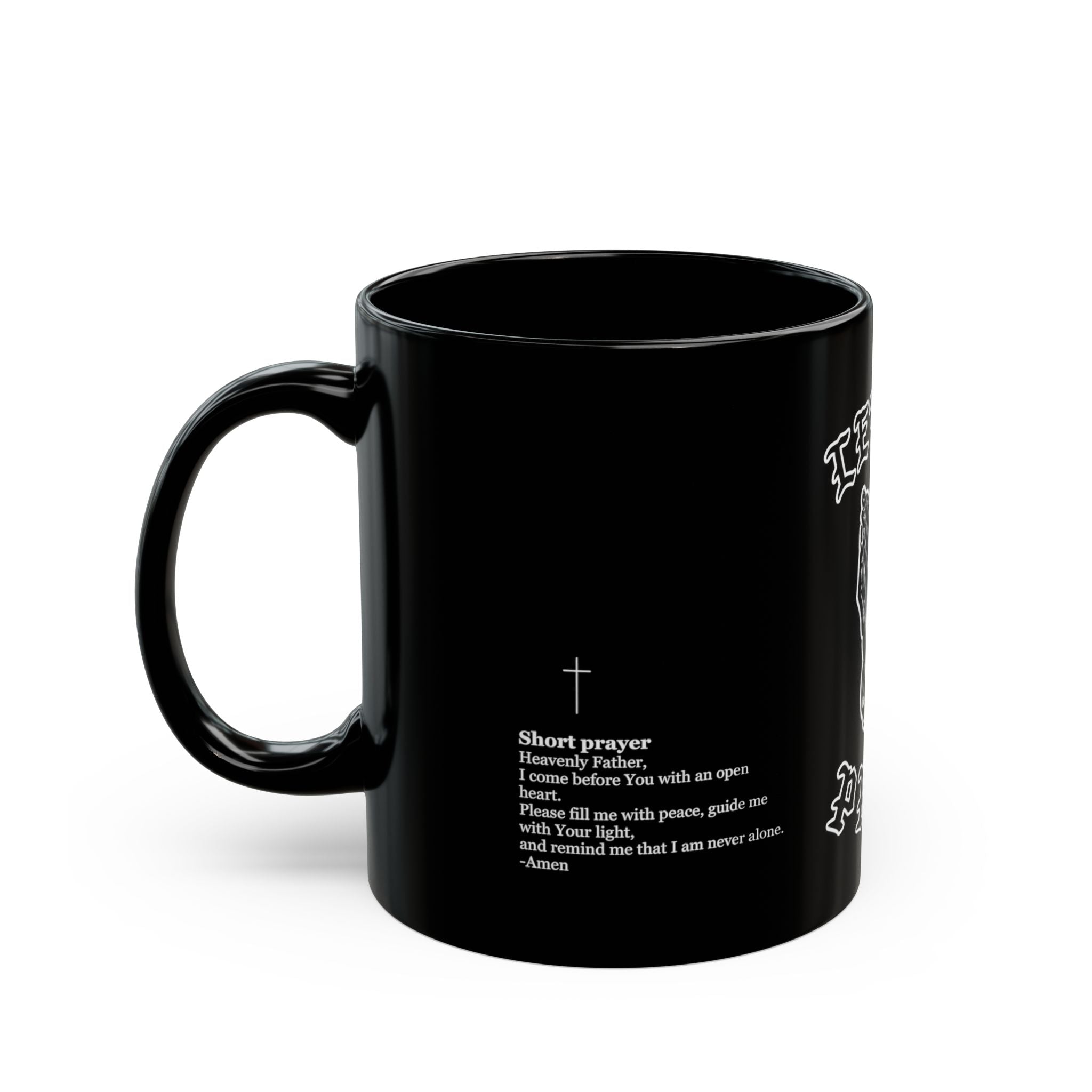 Let Us Pray Black Mug — Praying Hands Coffee Cup with John 3:16 Scripture