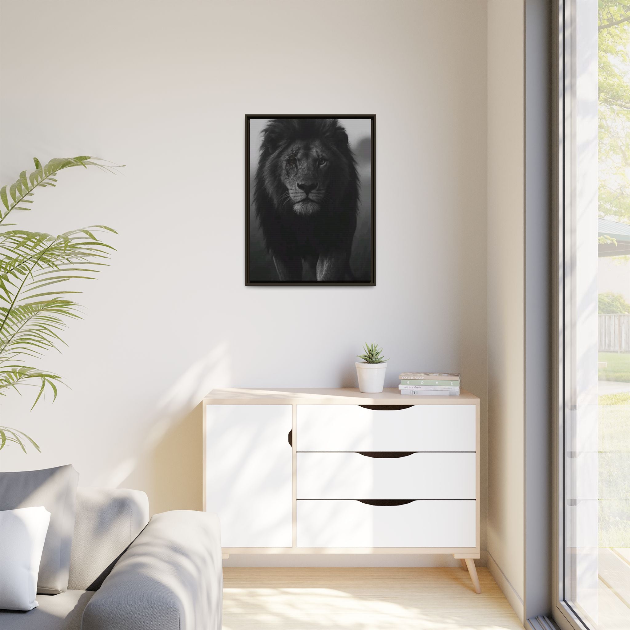 Framed Matte Canvas Lion Wall Art – Black & White Majestic Lion Print