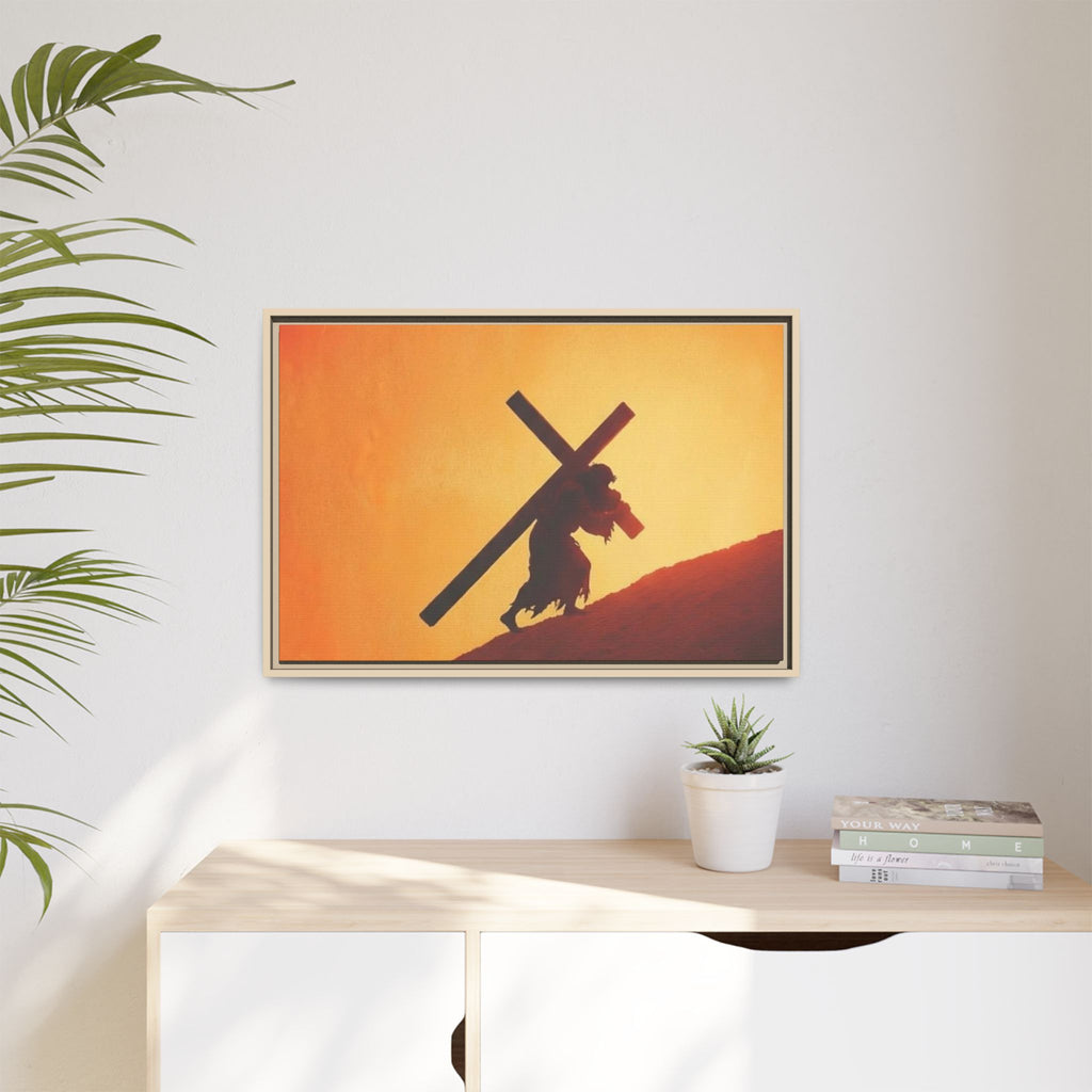 Jesus Christ Carrying Cross Framed Canvas — 'The World On His Shoulder' Sunset Art