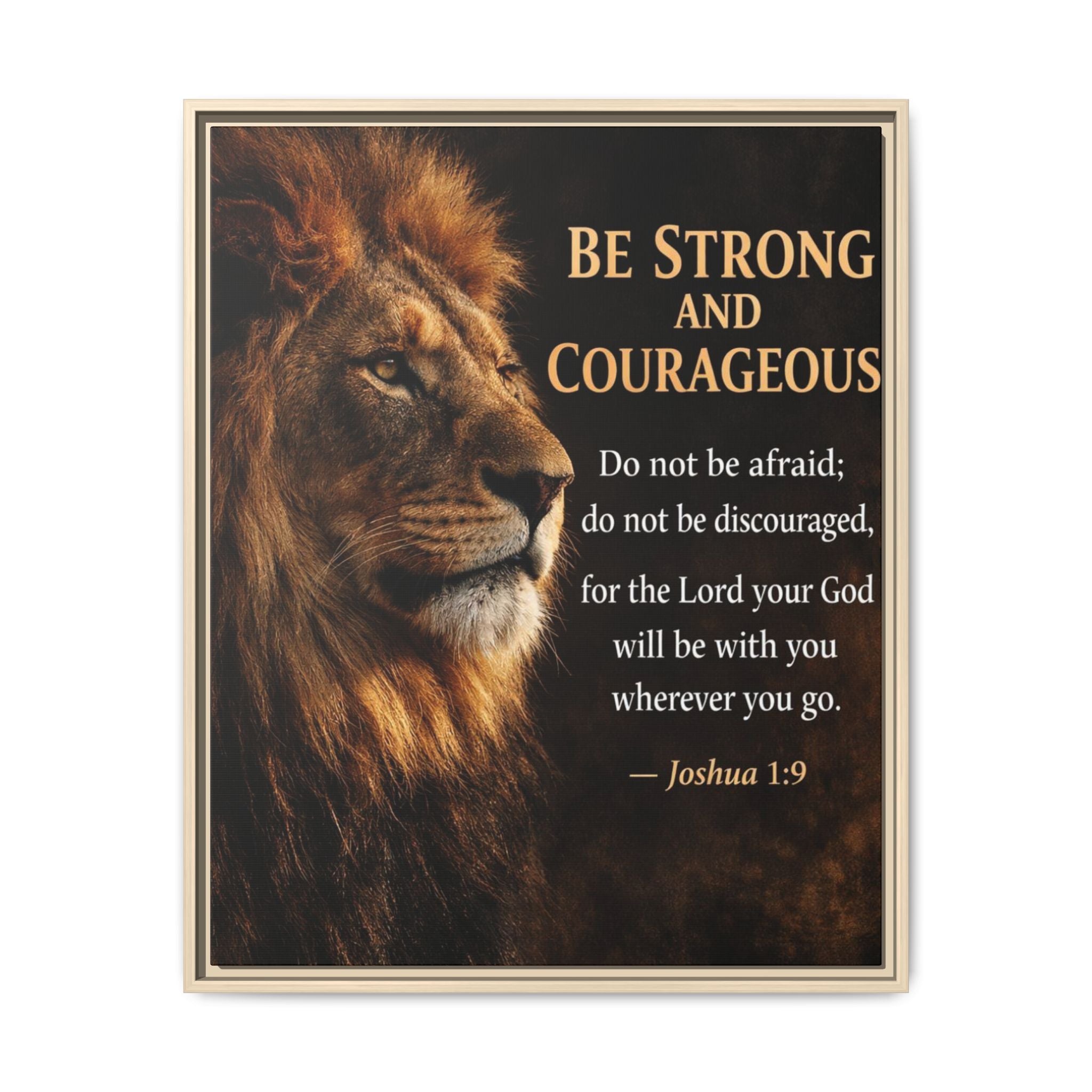 Framed Lion Canvas Print - "Be Strong and Courageous" Joshua 1:9 Inspirational Wall Art