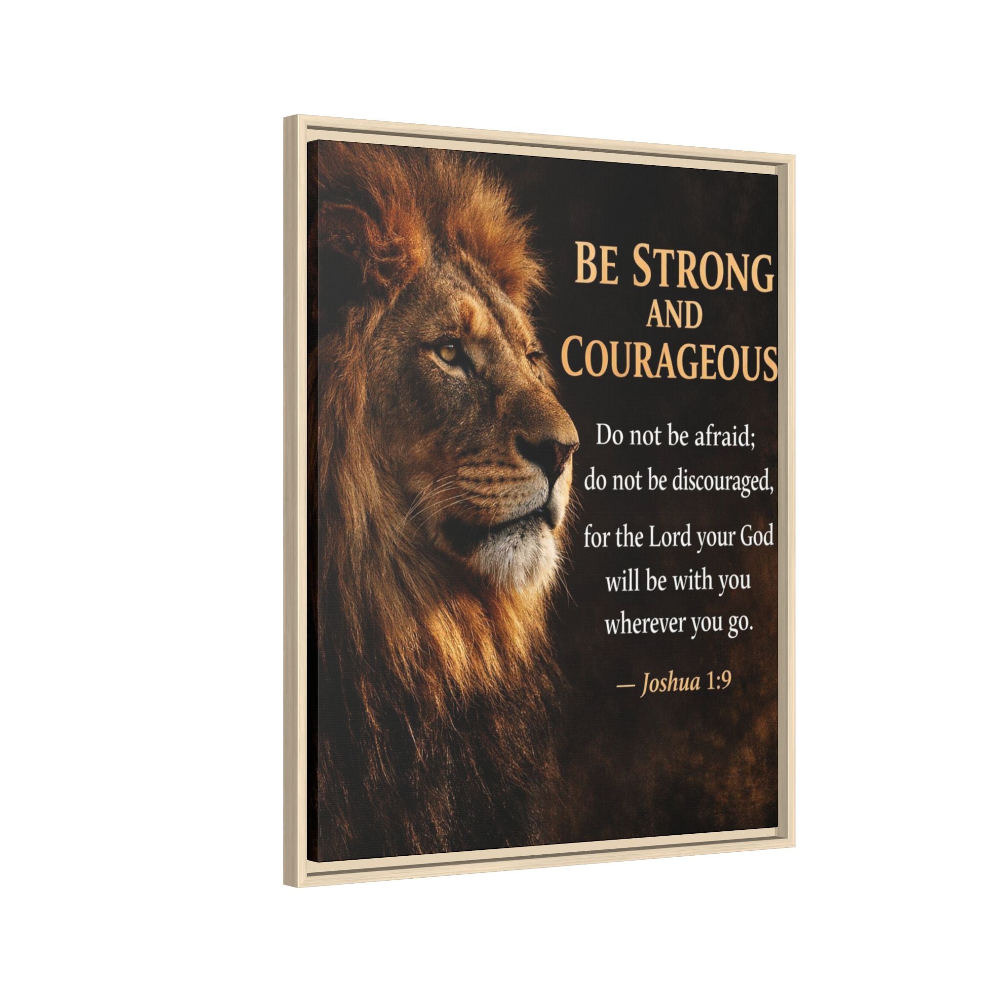 Framed Lion Canvas Print - "Be Strong and Courageous" Joshua 1:9 Inspirational Wall Art