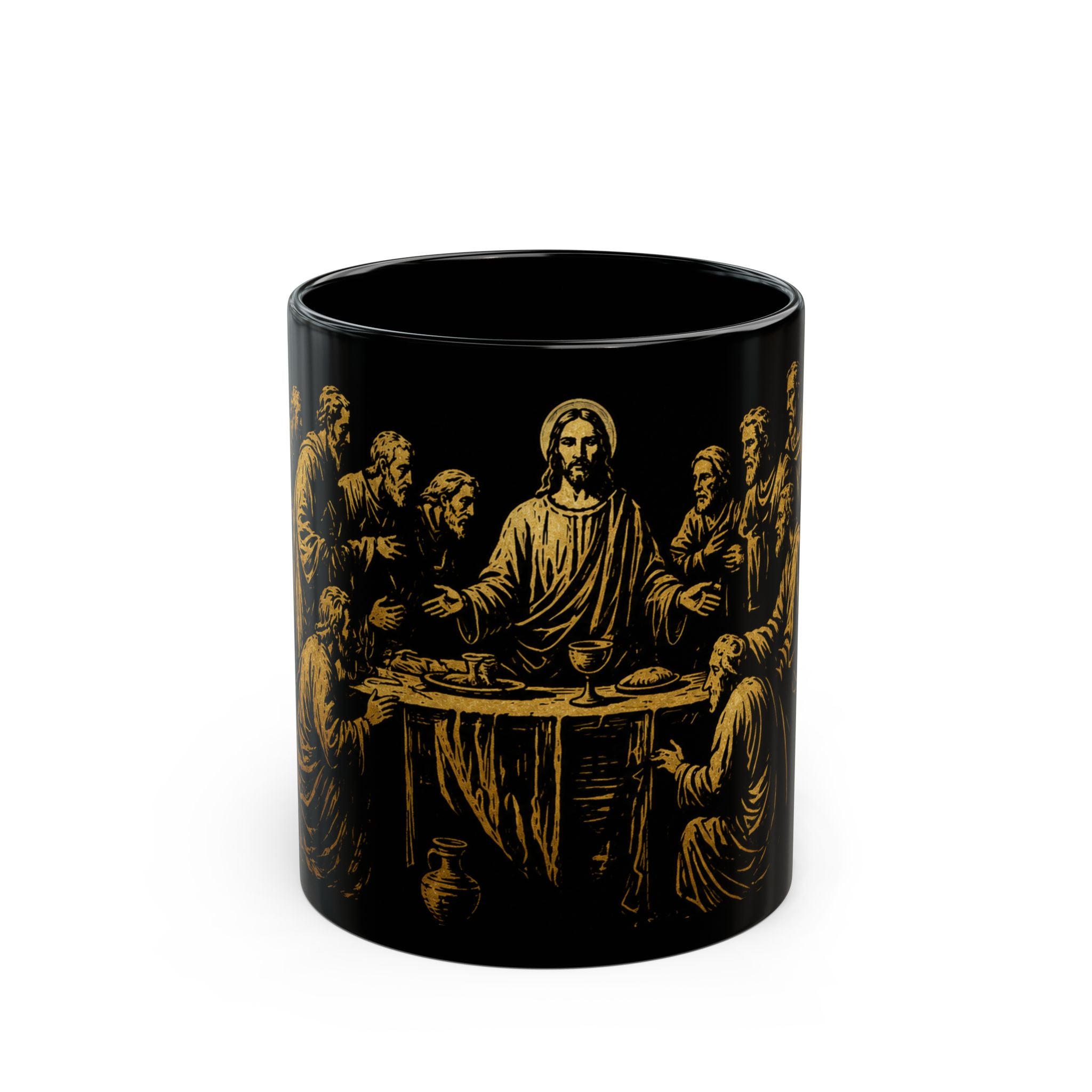 The Last Supper Black Ceramic Mug — Gold Religious Coffee Cup (11oz/15oz)