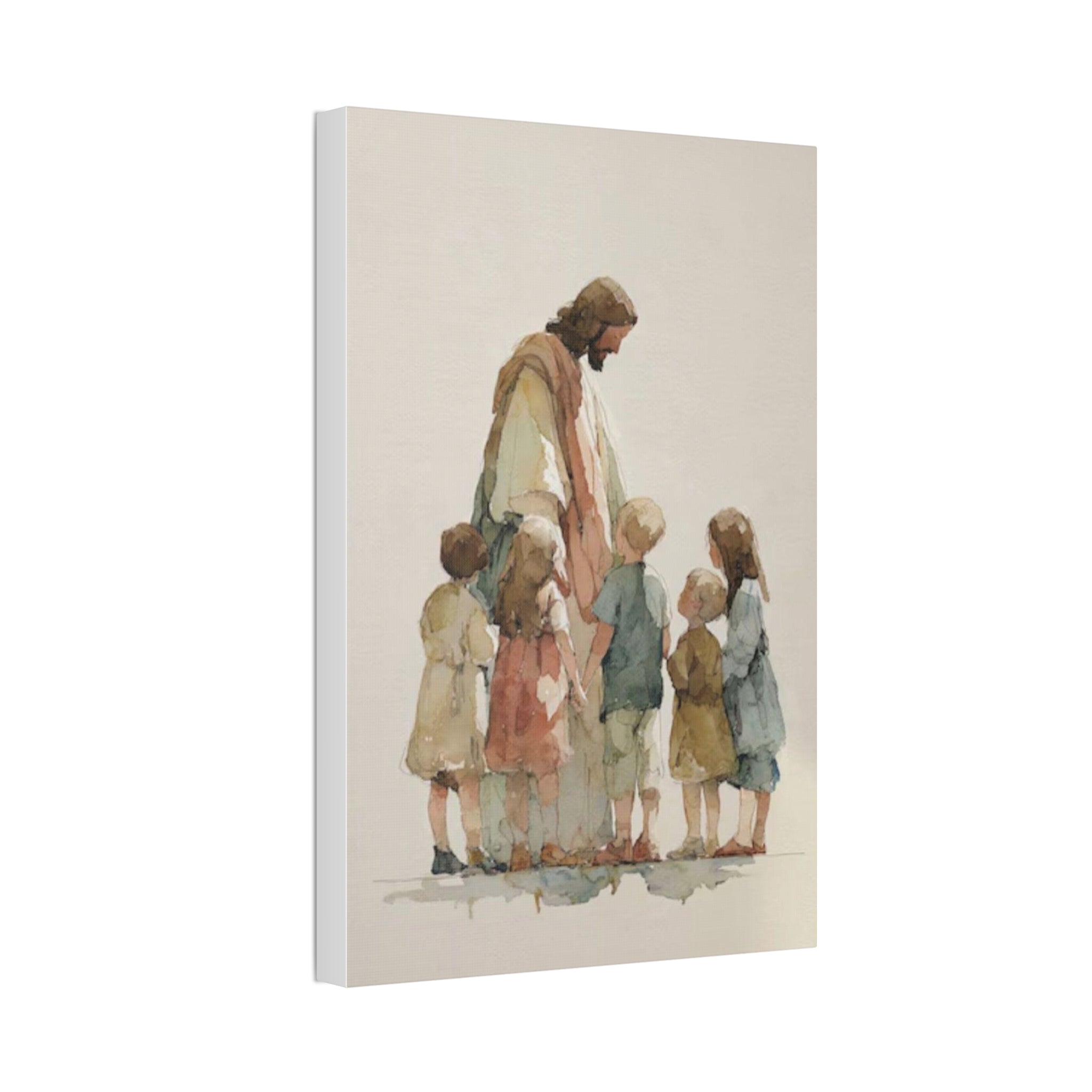 Faithful Father and Children Watercolor Canvas Print — Religious Nursery Wall Art