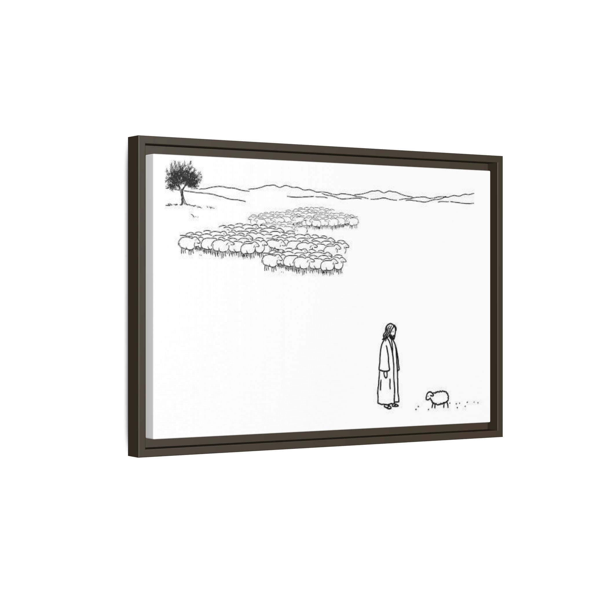 Framed Matte Canvas Print — Minimal The Good Shepherd & Flock Line Art