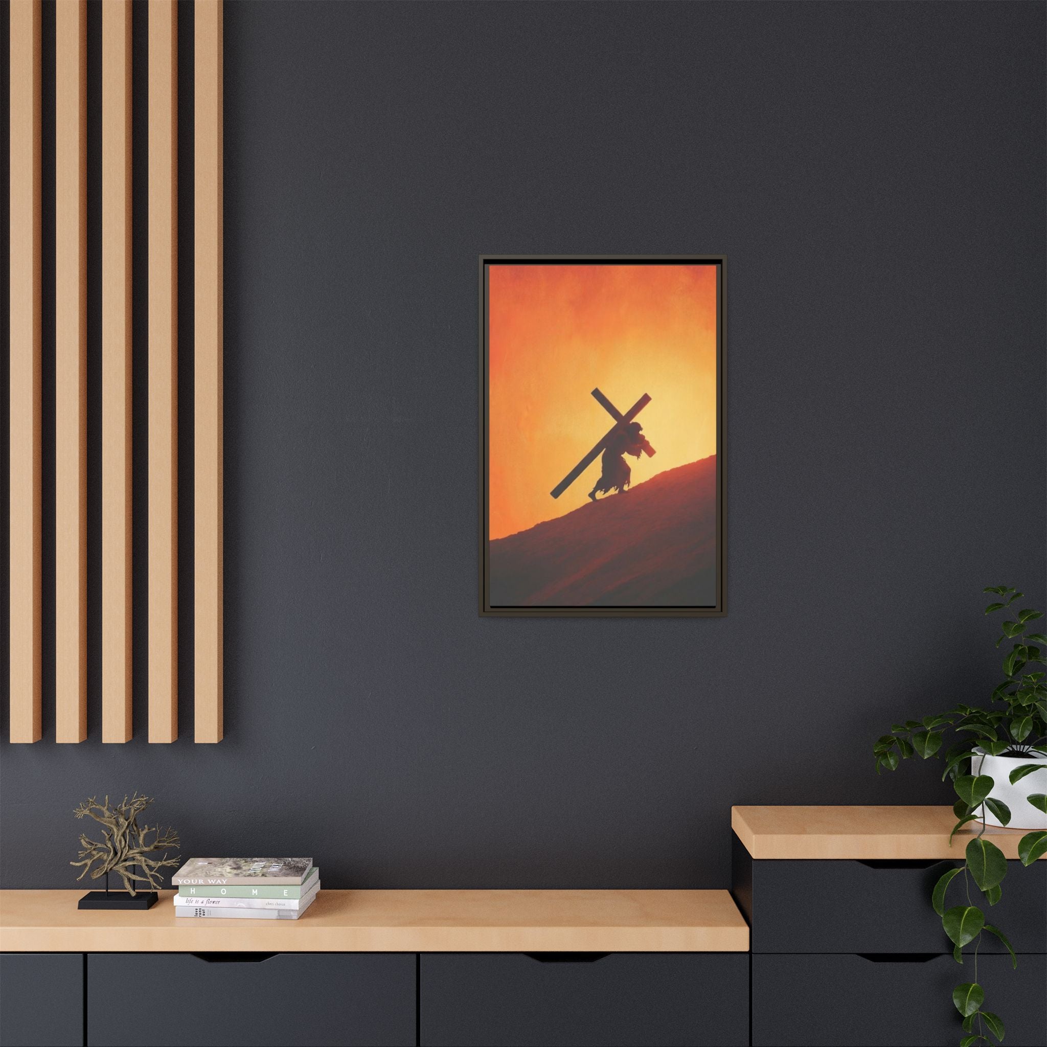 Jesus Christ Carrying Cross Framed Canvas — 'The World On His Shoulder' Sunset Art