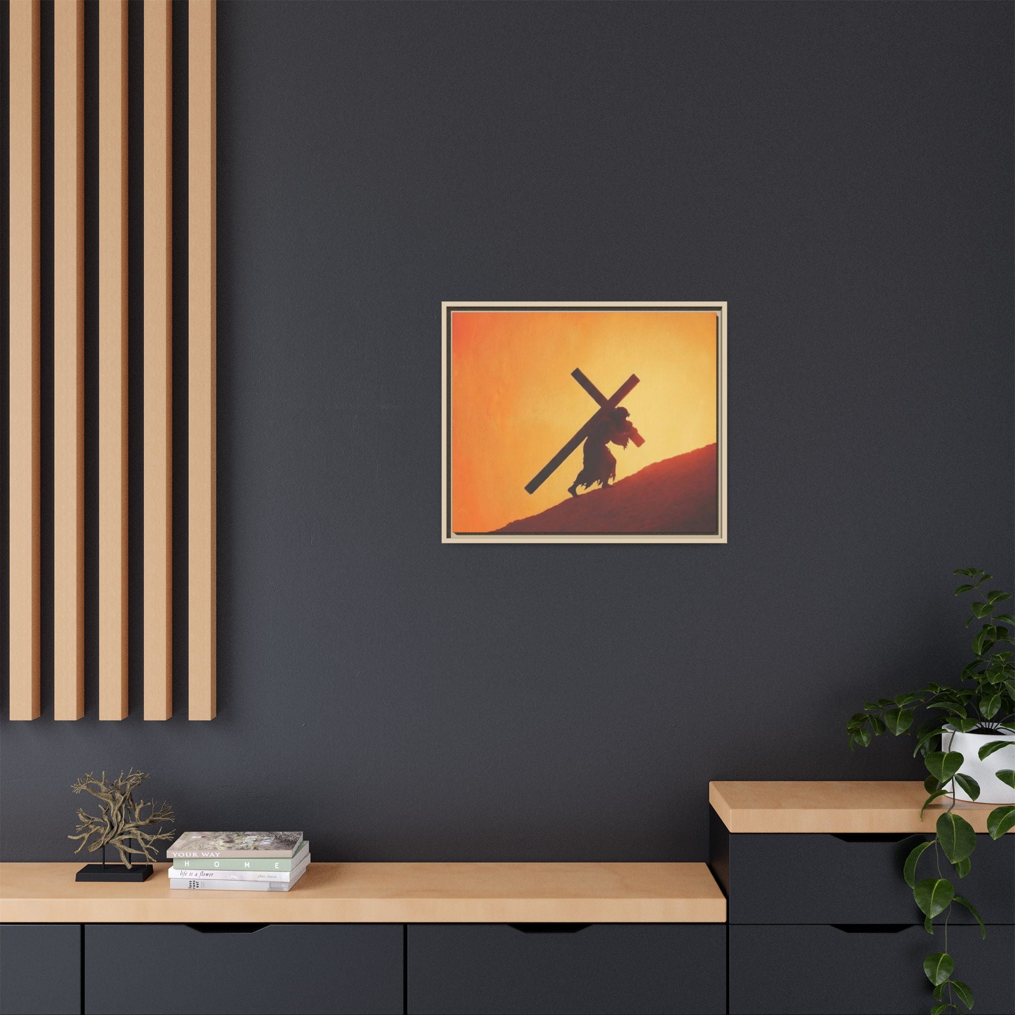 Jesus Christ Carrying Cross Framed Canvas — 'The World On His Shoulder' Sunset Art