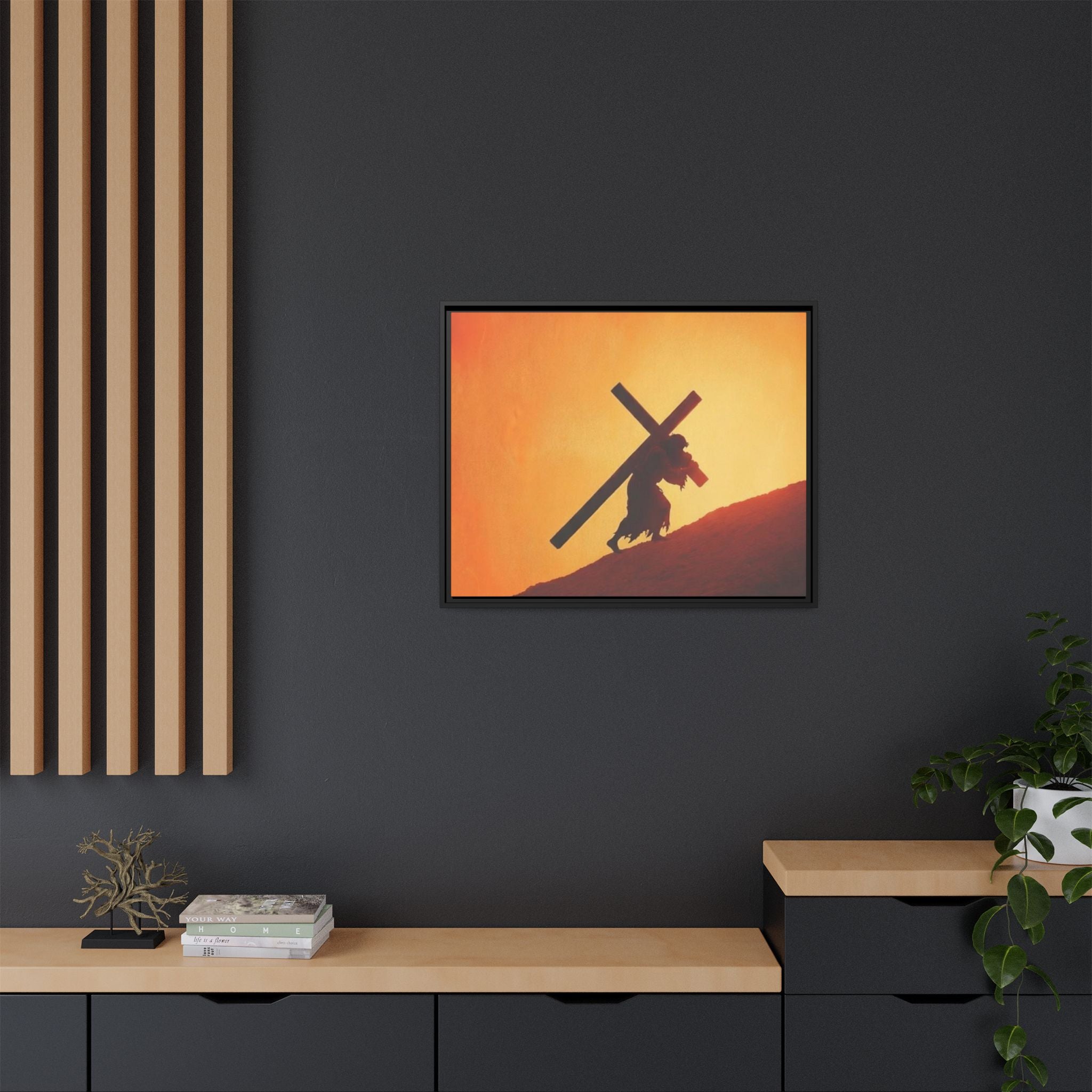 Jesus Christ Carrying Cross Framed Canvas — 'The World On His Shoulder' Sunset Art