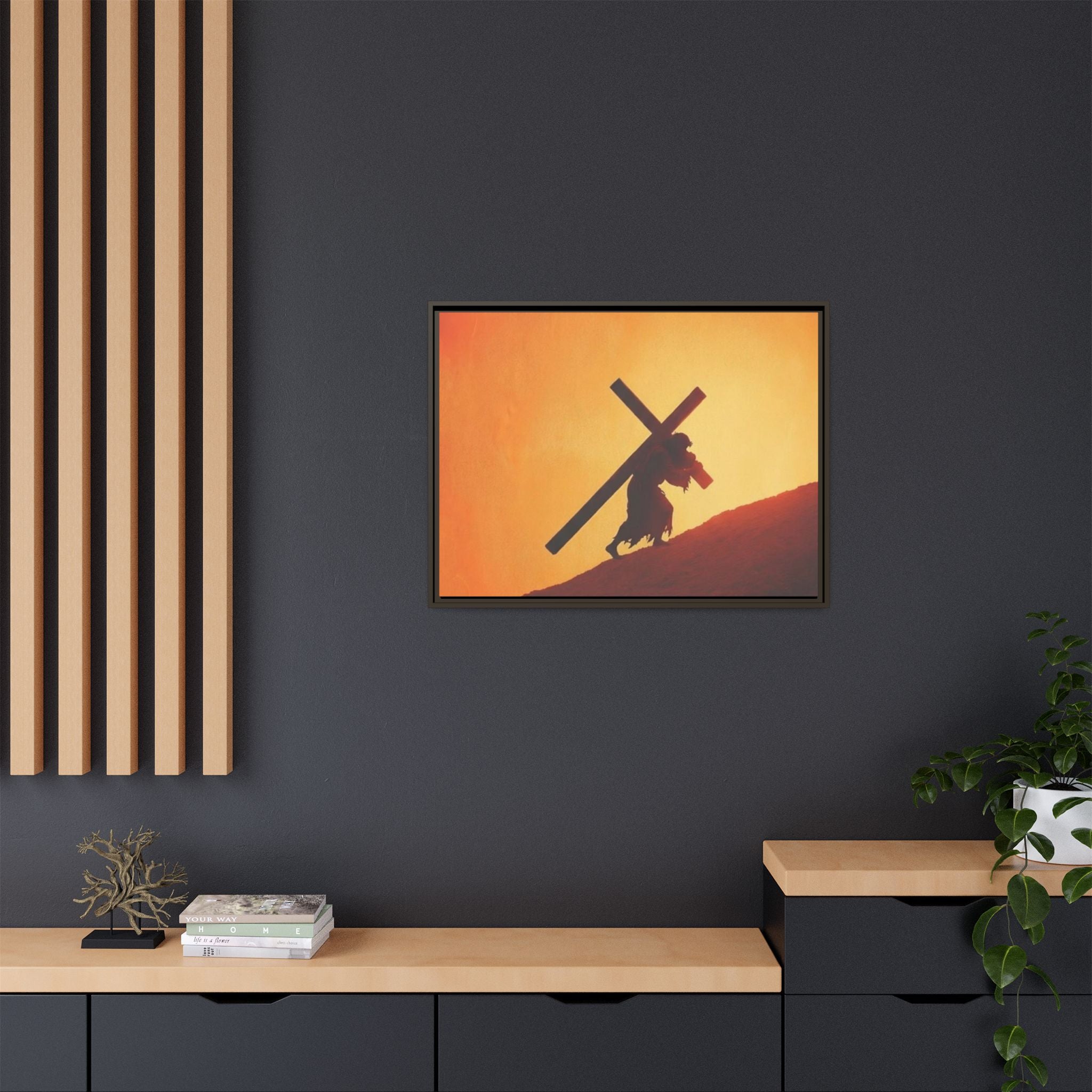 Jesus Christ Carrying Cross Framed Canvas — 'The World On His Shoulder' Sunset Art