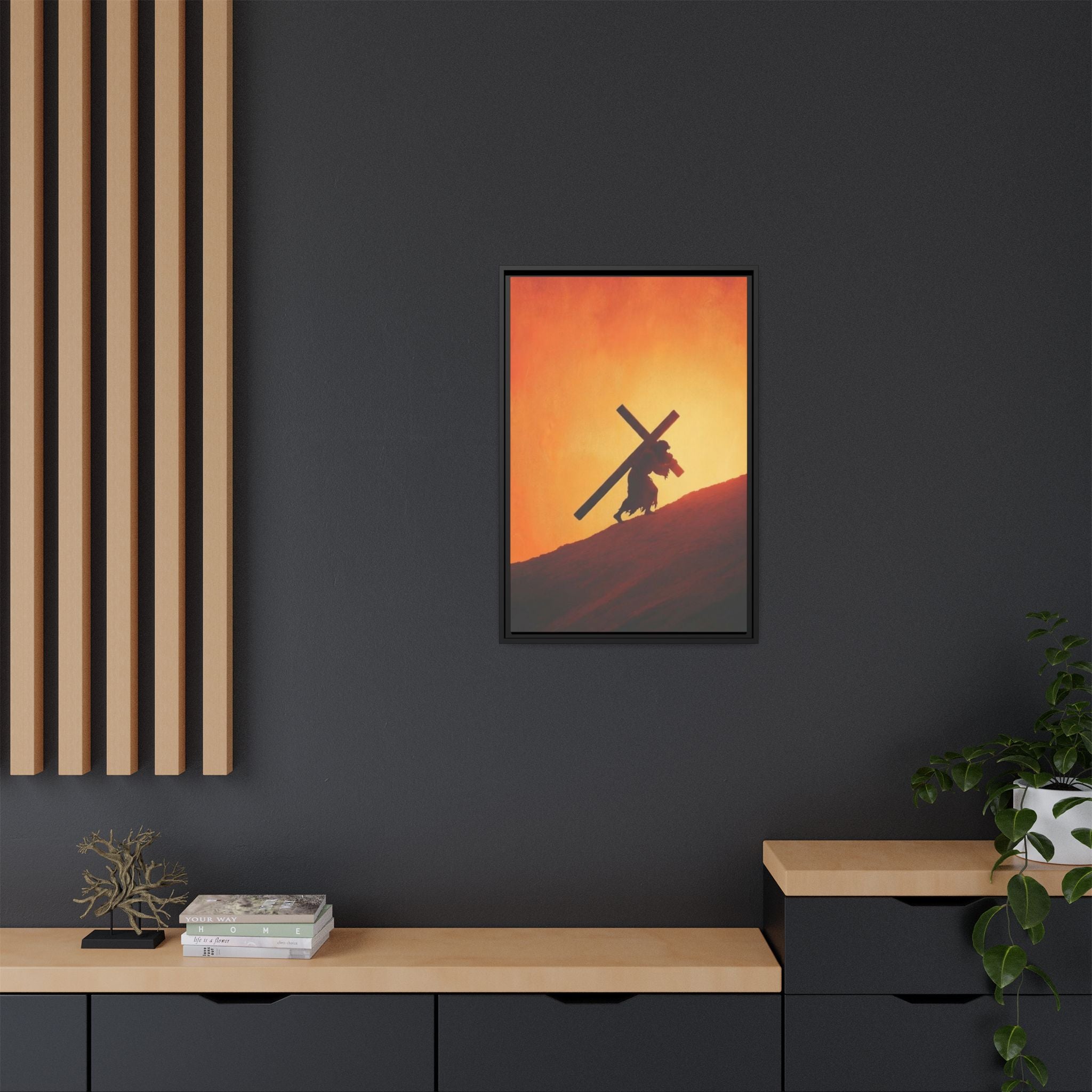 Jesus Christ Carrying Cross Framed Canvas — 'The World On His Shoulder' Sunset Art