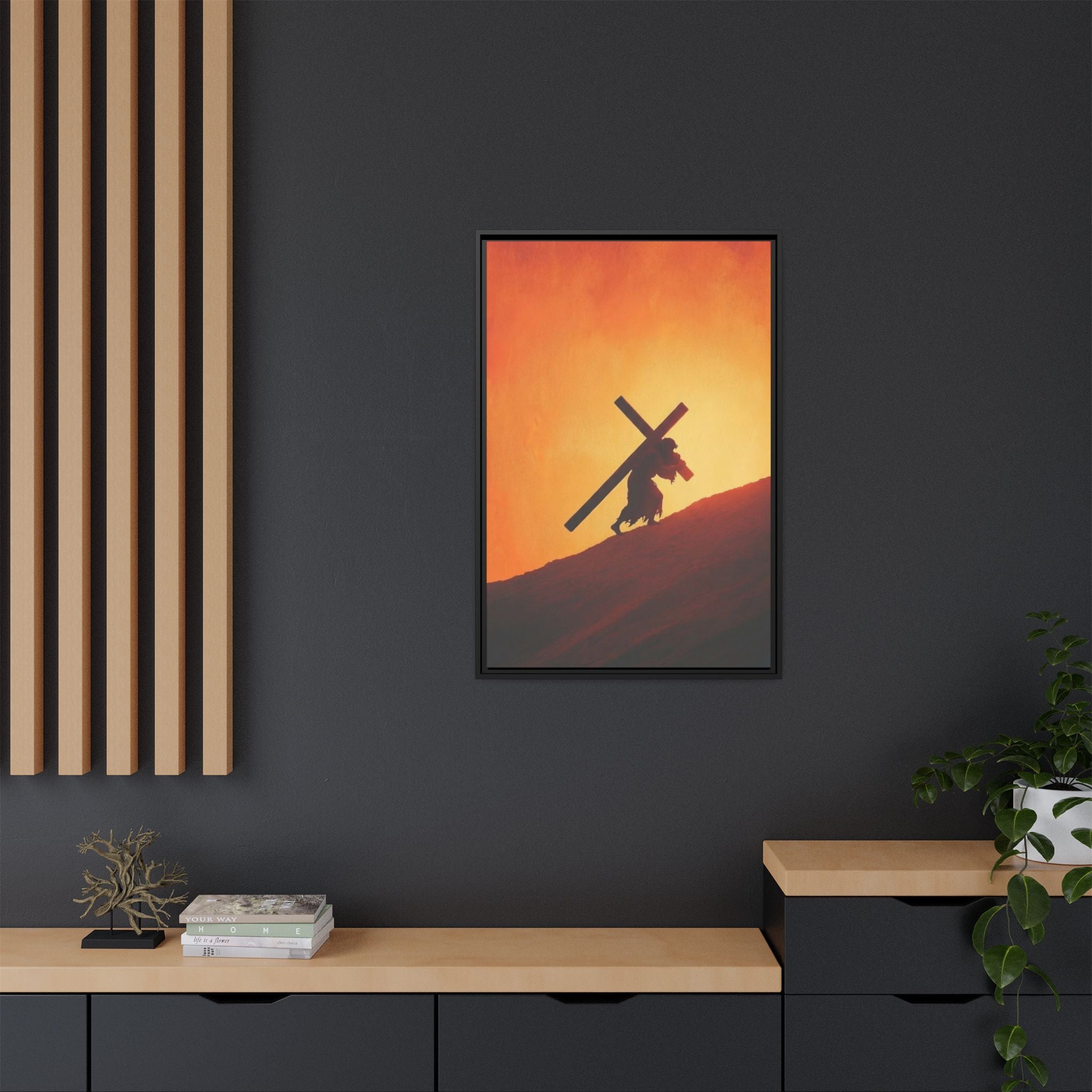 Jesus Christ Carrying Cross Framed Canvas — 'The World On His Shoulder' Sunset Art