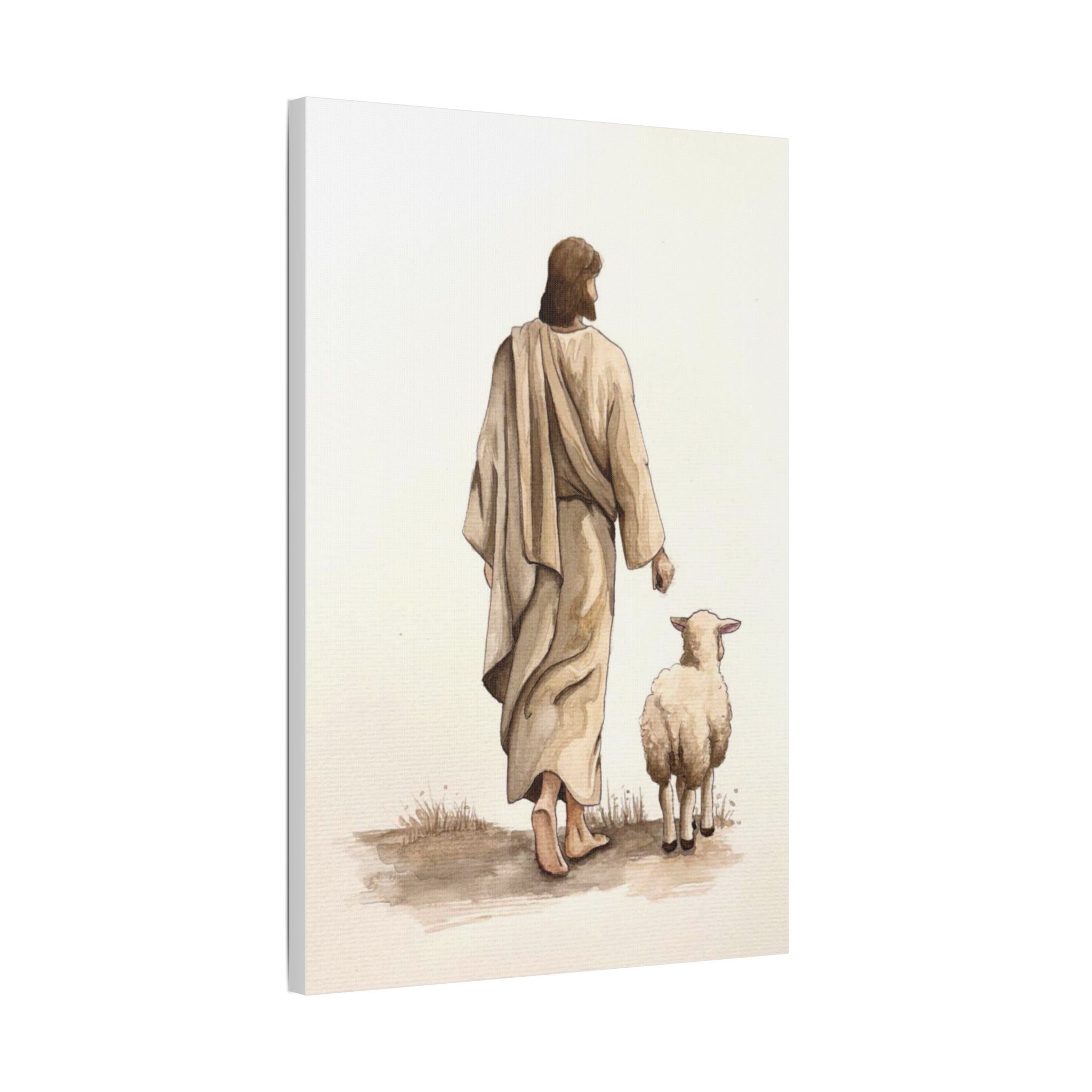 Jesus with Lamb Satin Canvas Wall Art – Christian Religious Stretched Canvas