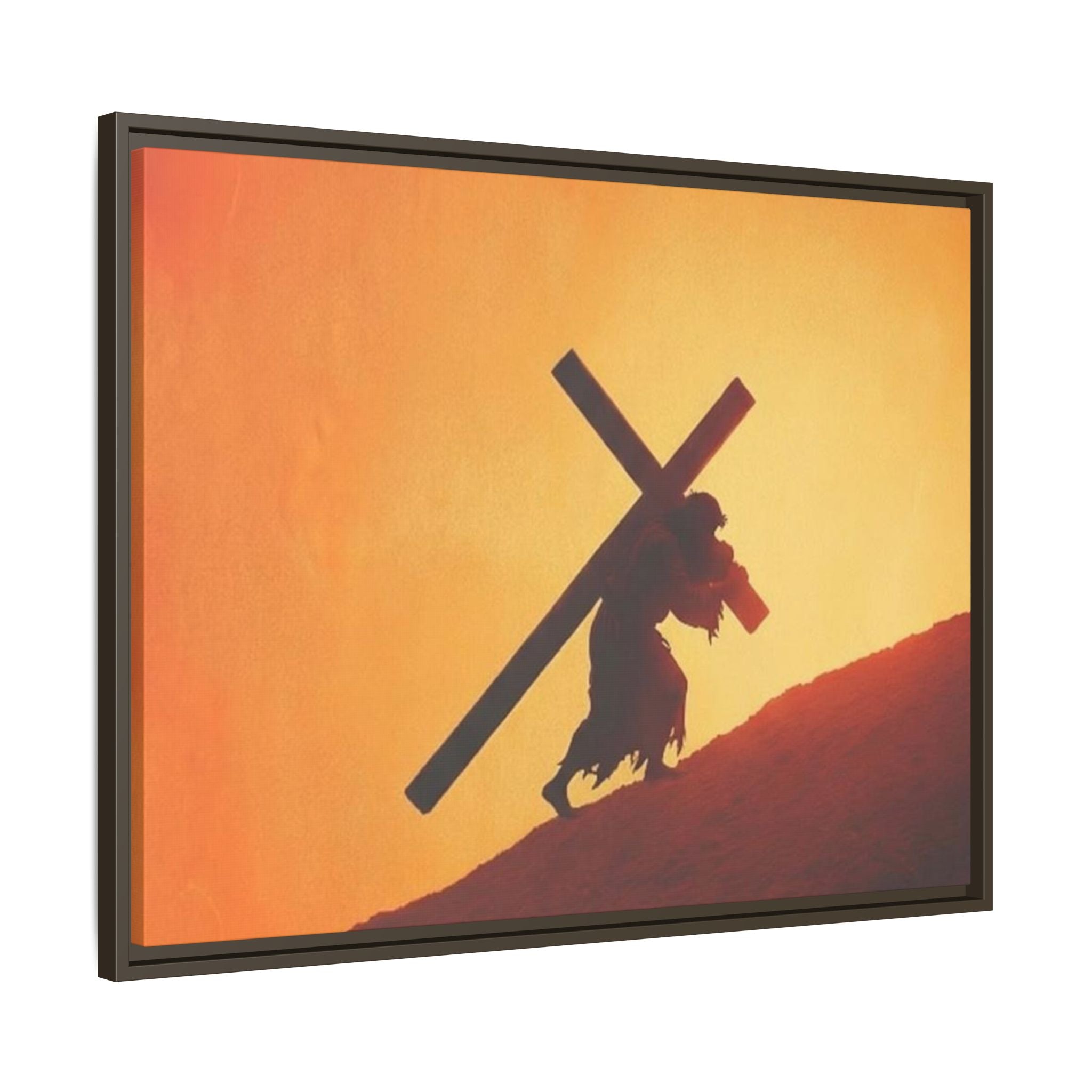 Jesus Christ Carrying Cross Framed Canvas — 'The World On His Shoulder' Sunset Art