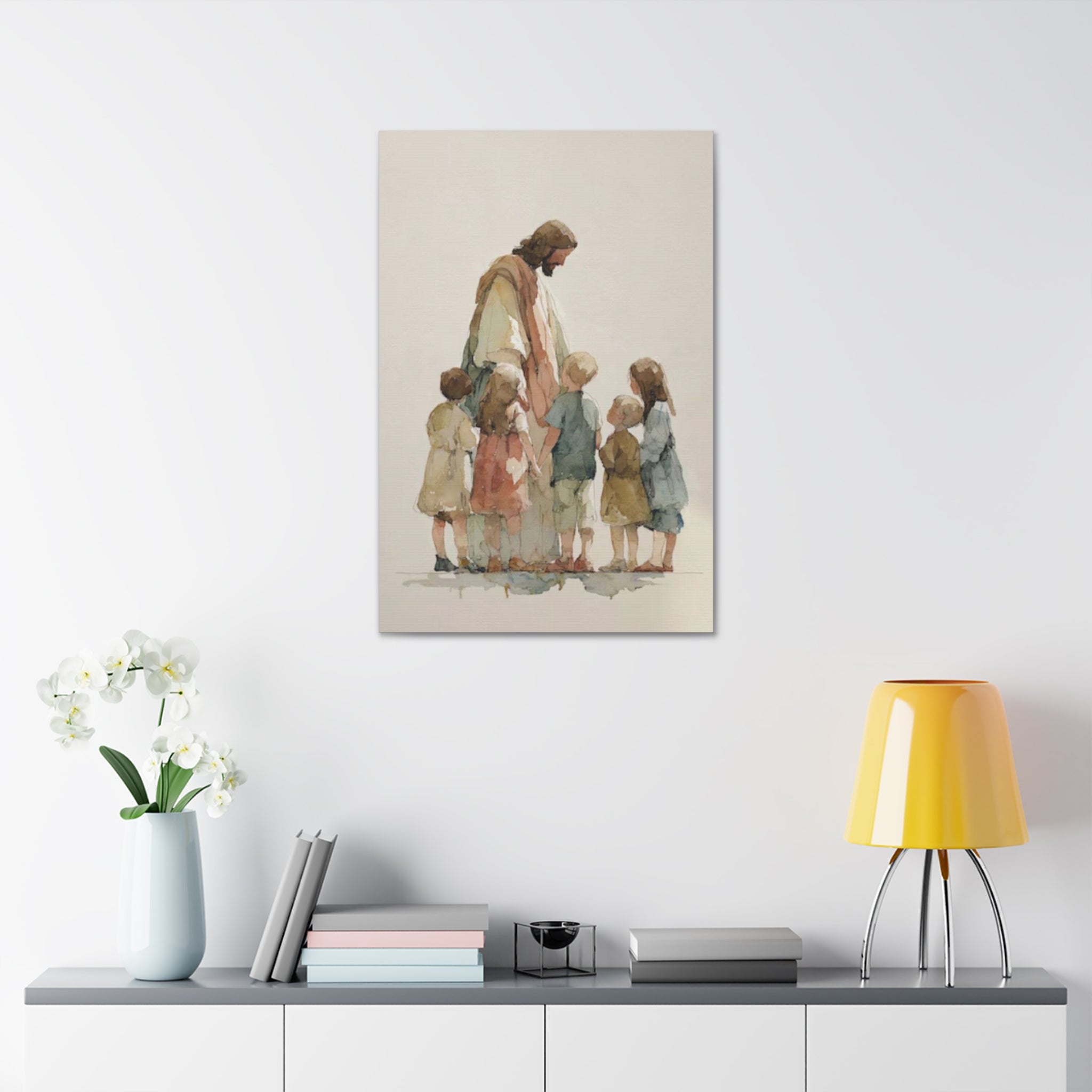 Faithful Father and Children Watercolor Canvas Print — Religious Nursery Wall Art
