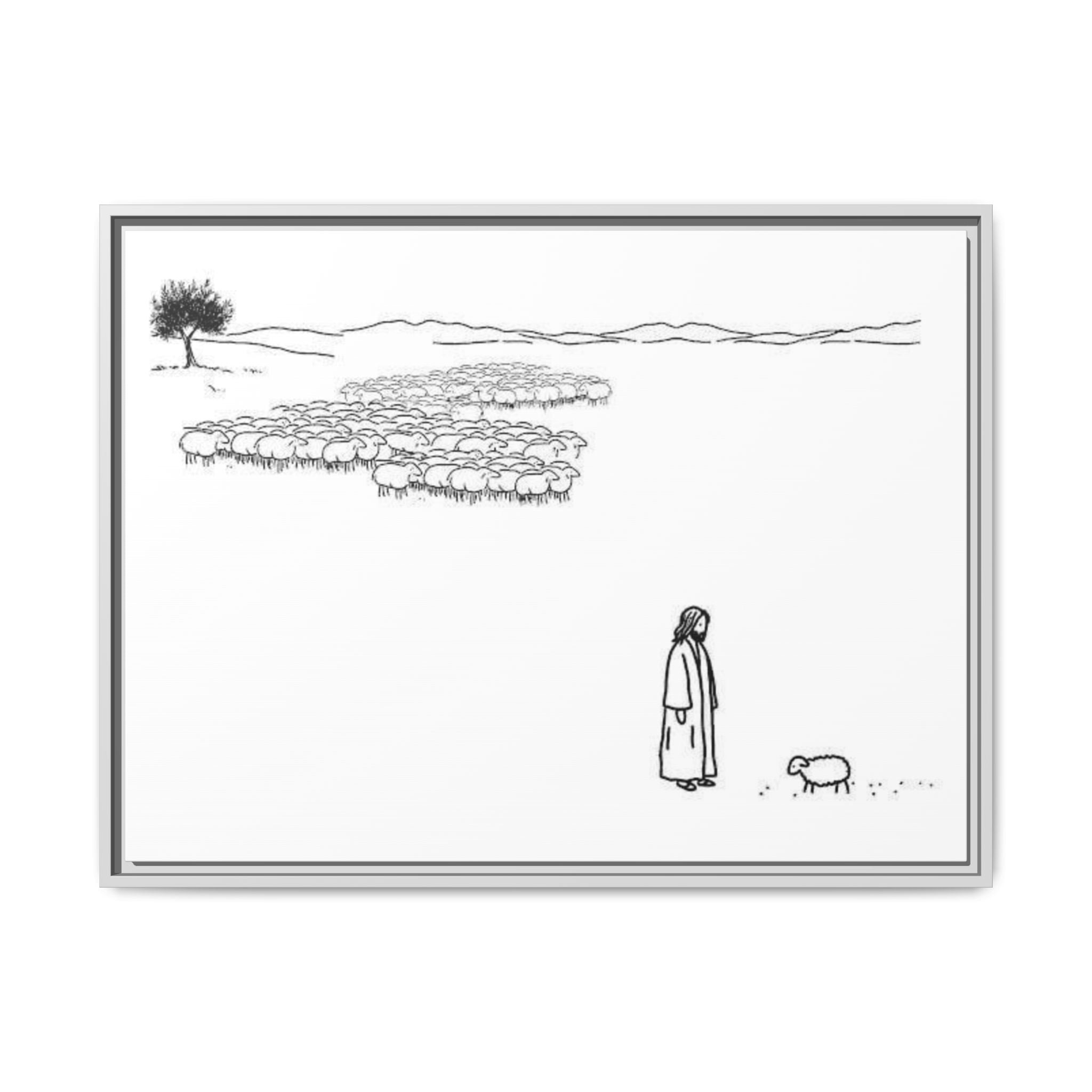 Framed Matte Canvas Print — Minimal The Good Shepherd & Flock Line Art