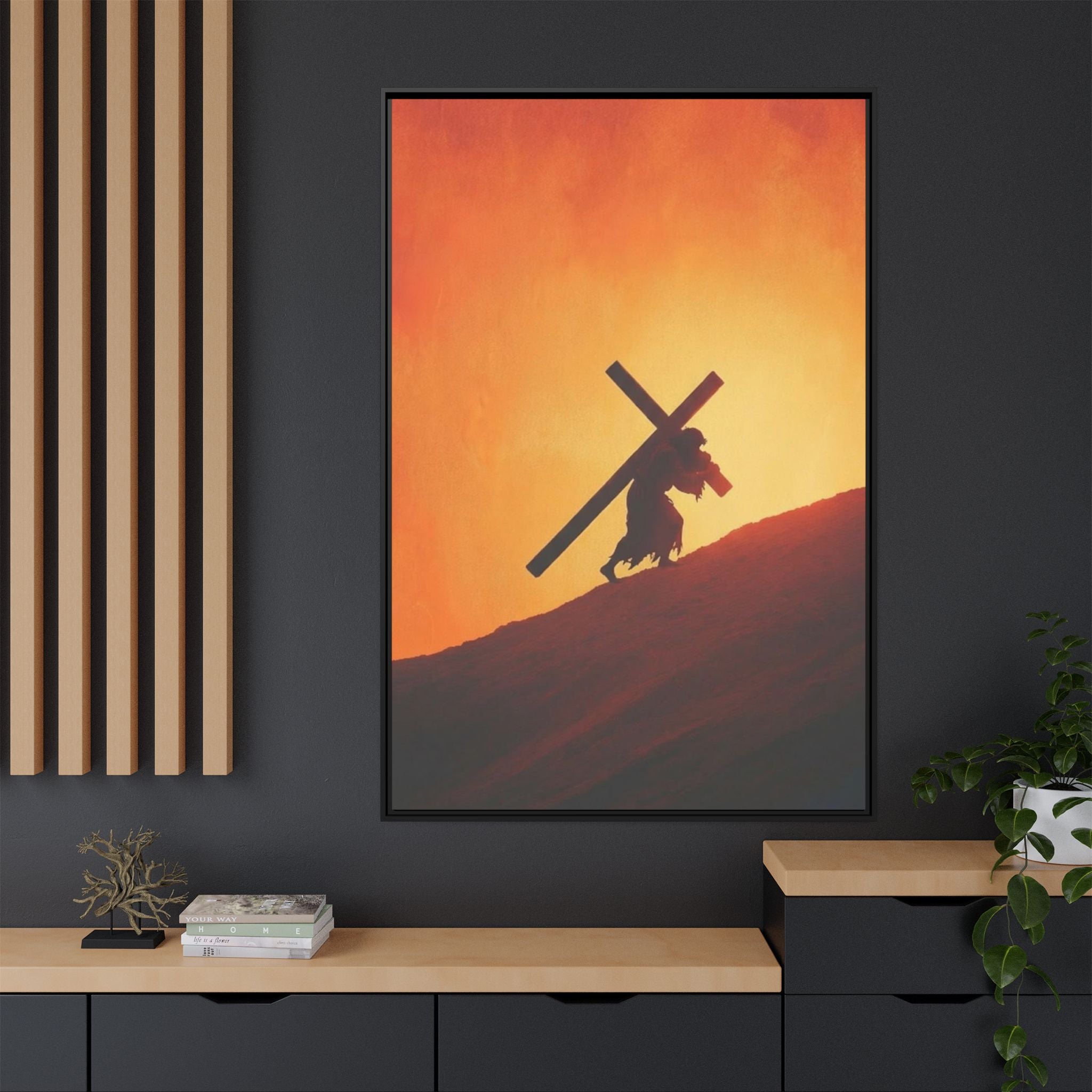 Jesus Christ Carrying Cross Framed Canvas — 'The World On His Shoulder' Sunset Art