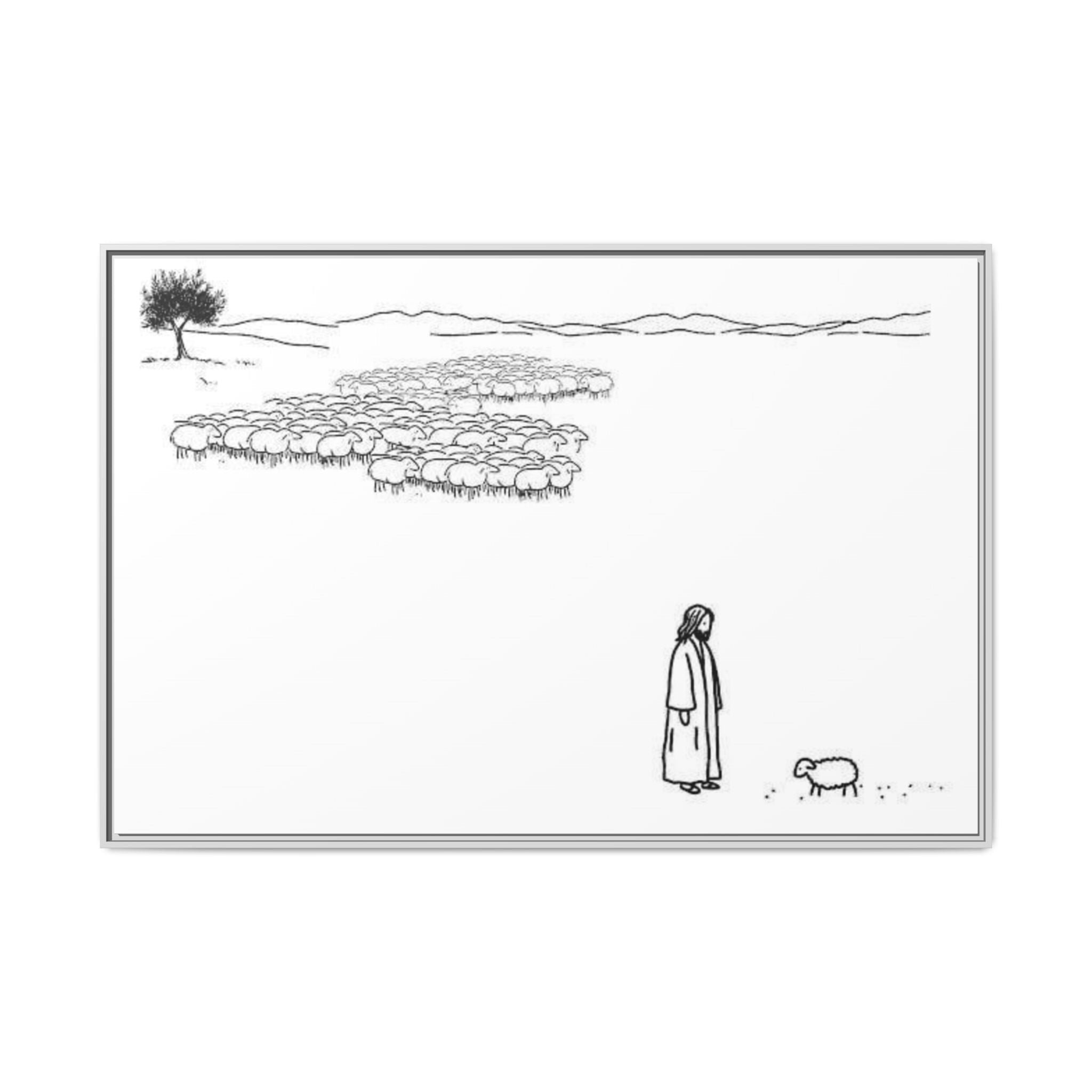 Framed Matte Canvas Print — Minimal The Good Shepherd & Flock Line Art