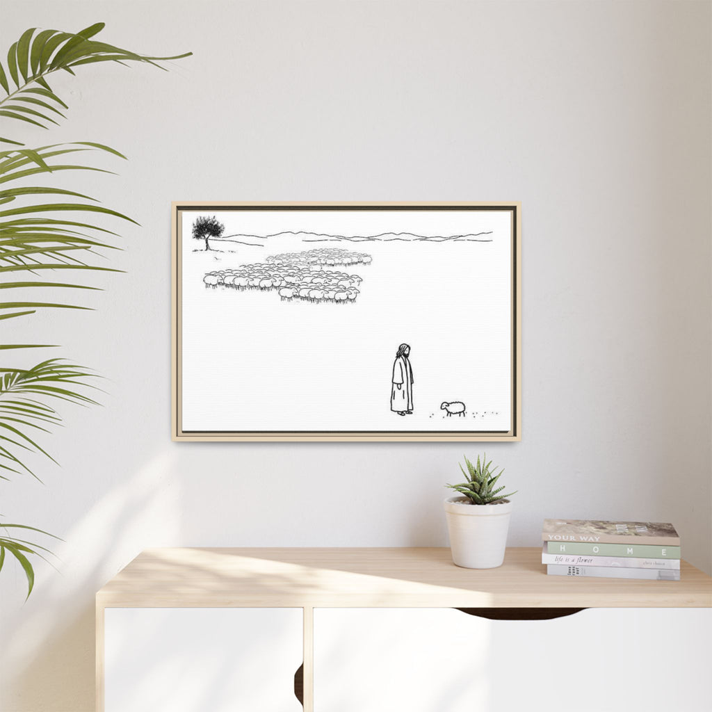 Framed Matte Canvas Print — Minimal The Good Shepherd & Flock Line Art