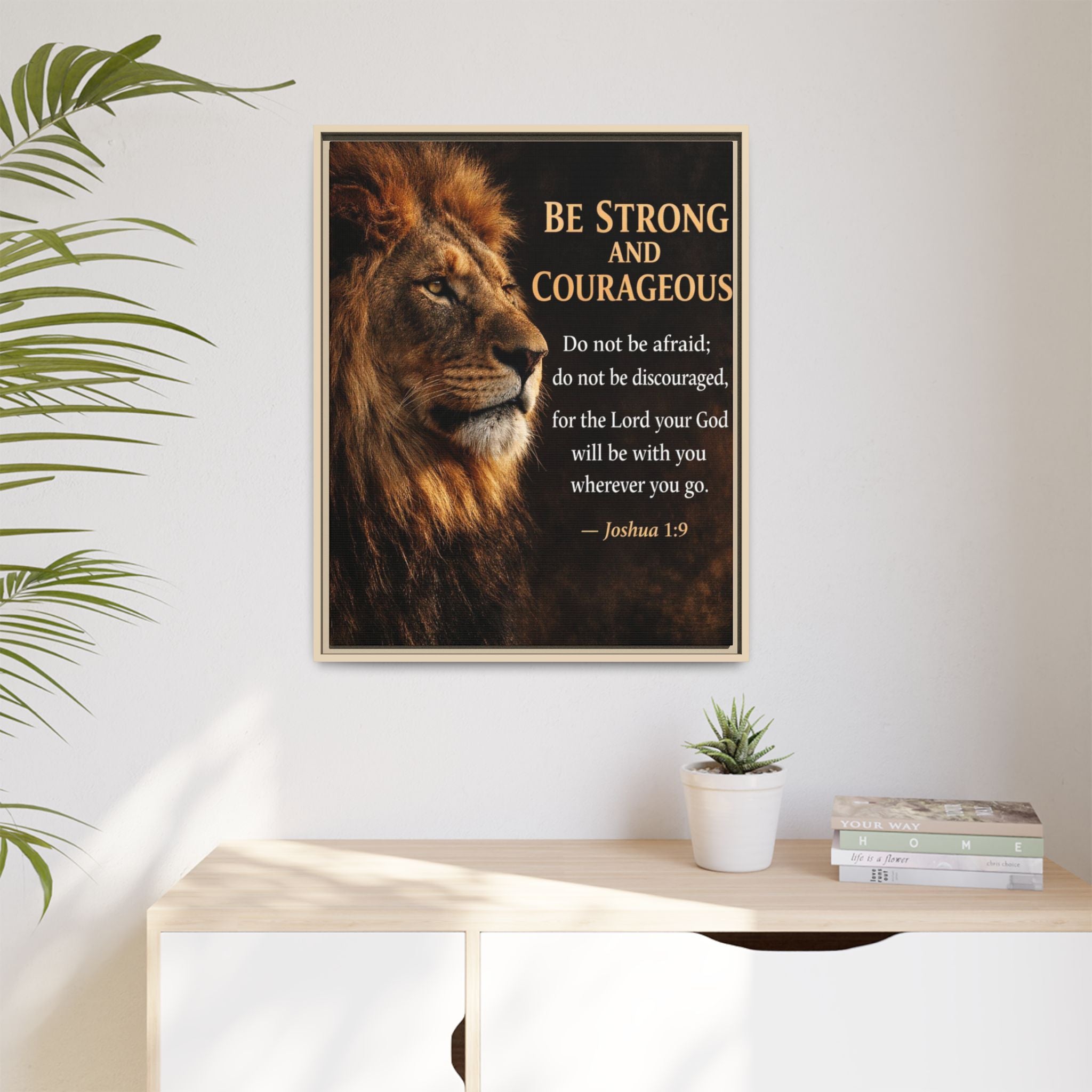 Framed Lion Canvas Print - "Be Strong and Courageous" Joshua 1:9 Inspirational Wall Art