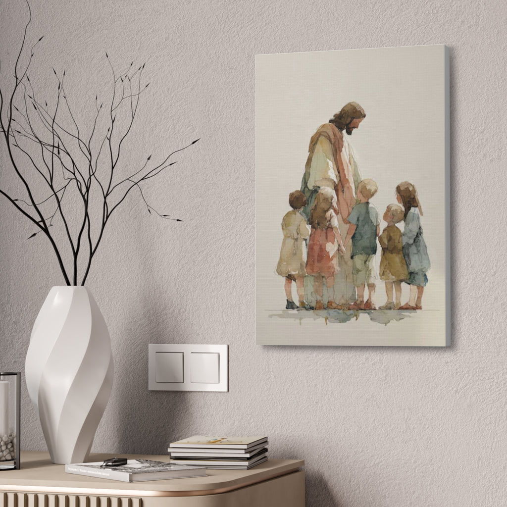 Faithful Father and Children Watercolor Canvas Print — Religious Nursery Wall Art