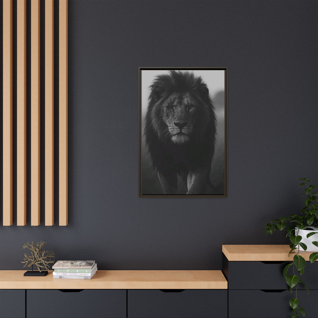 Framed Matte Canvas Lion Wall Art – Black & White Majestic Lion Print