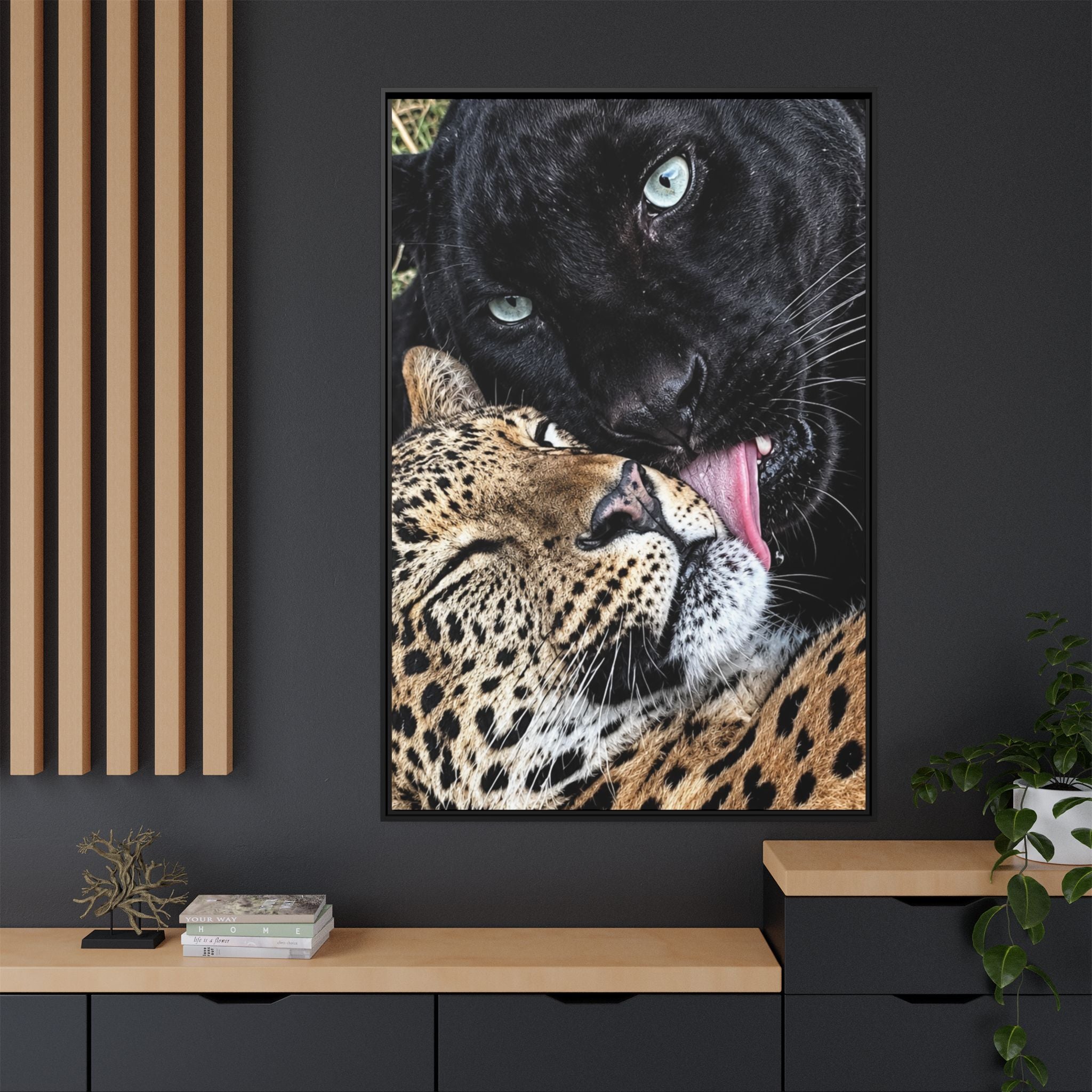 Big Cat Portrait Matte Canvas Framed — 'Perfect' Love-Themed Multi-Color Wall Art