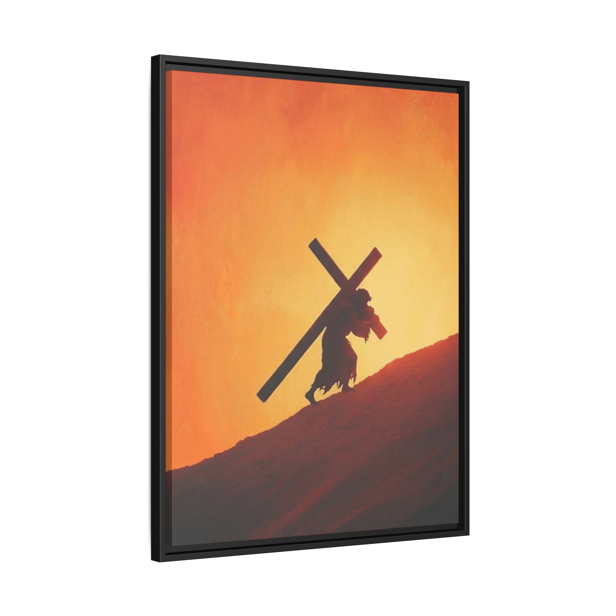 Jesus Christ Carrying Cross Framed Canvas — 'The World On His Shoulder' Sunset Art