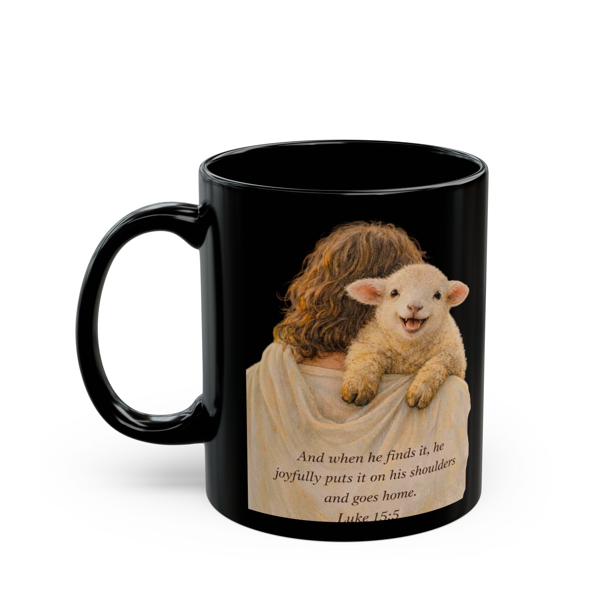 Jesus with Lamb Black Mug — Faith Inspirational Coffee Cup (11oz, 15oz)