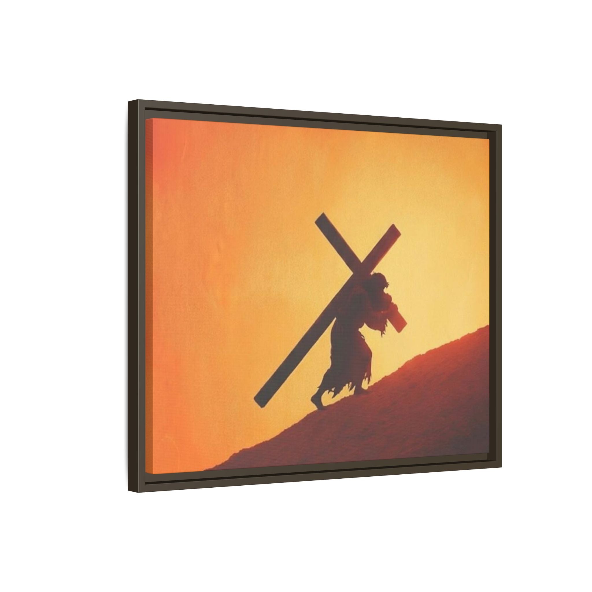 Jesus Christ Carrying Cross Framed Canvas — 'The World On His Shoulder' Sunset Art