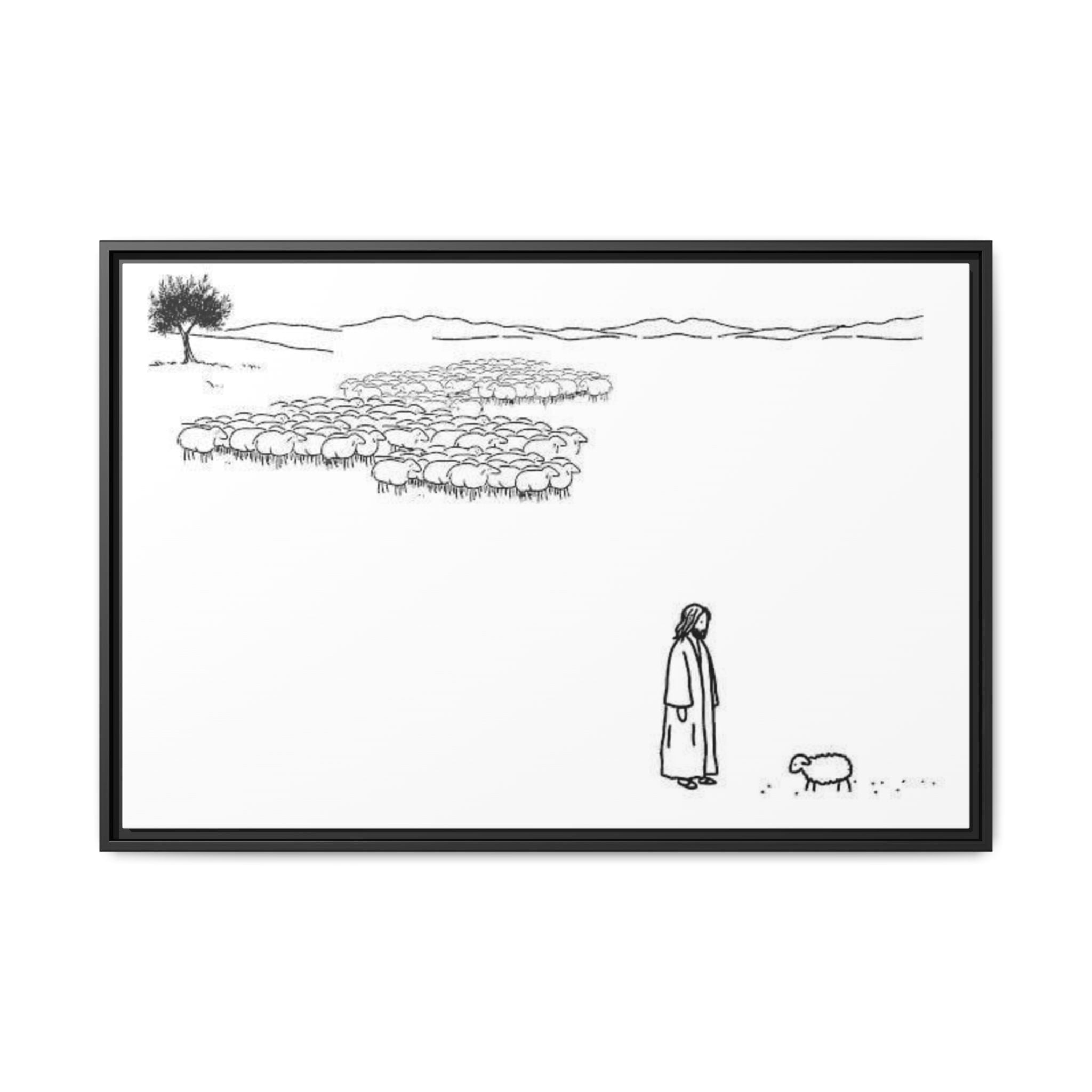 Framed Matte Canvas Print — Minimal The Good Shepherd & Flock Line Art
