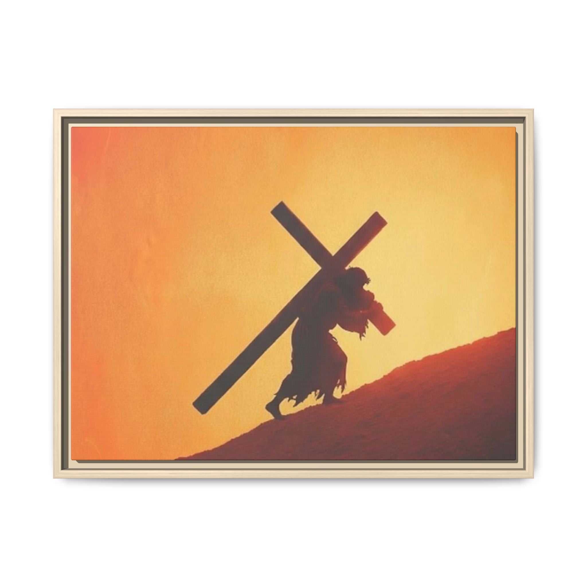 Jesus Christ Carrying Cross Framed Canvas — 'The World On His Shoulder' Sunset Art
