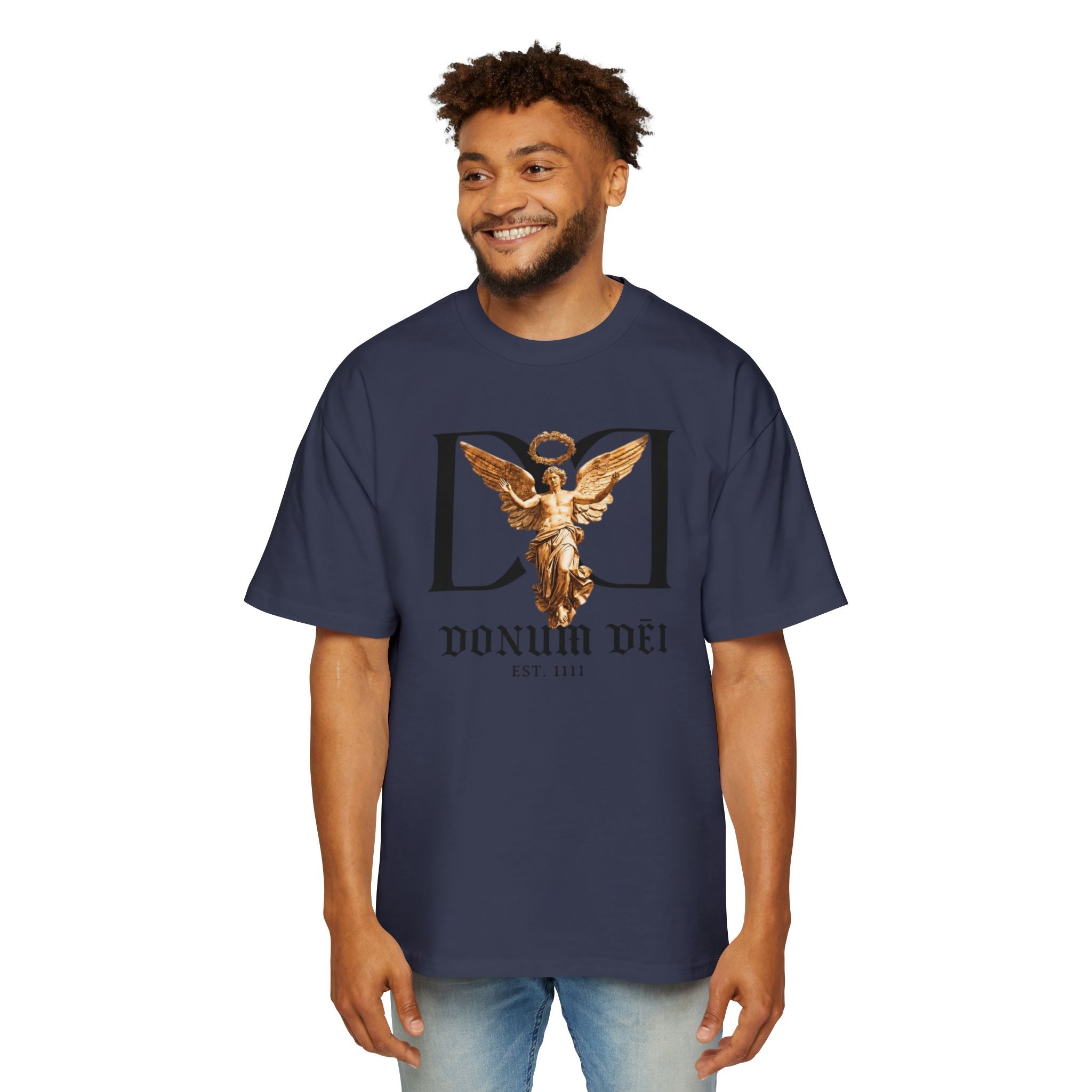 Donum Dei Angel Graphic Tee — Vintage Roman Lettering Men’s Oversized T‑Shirt