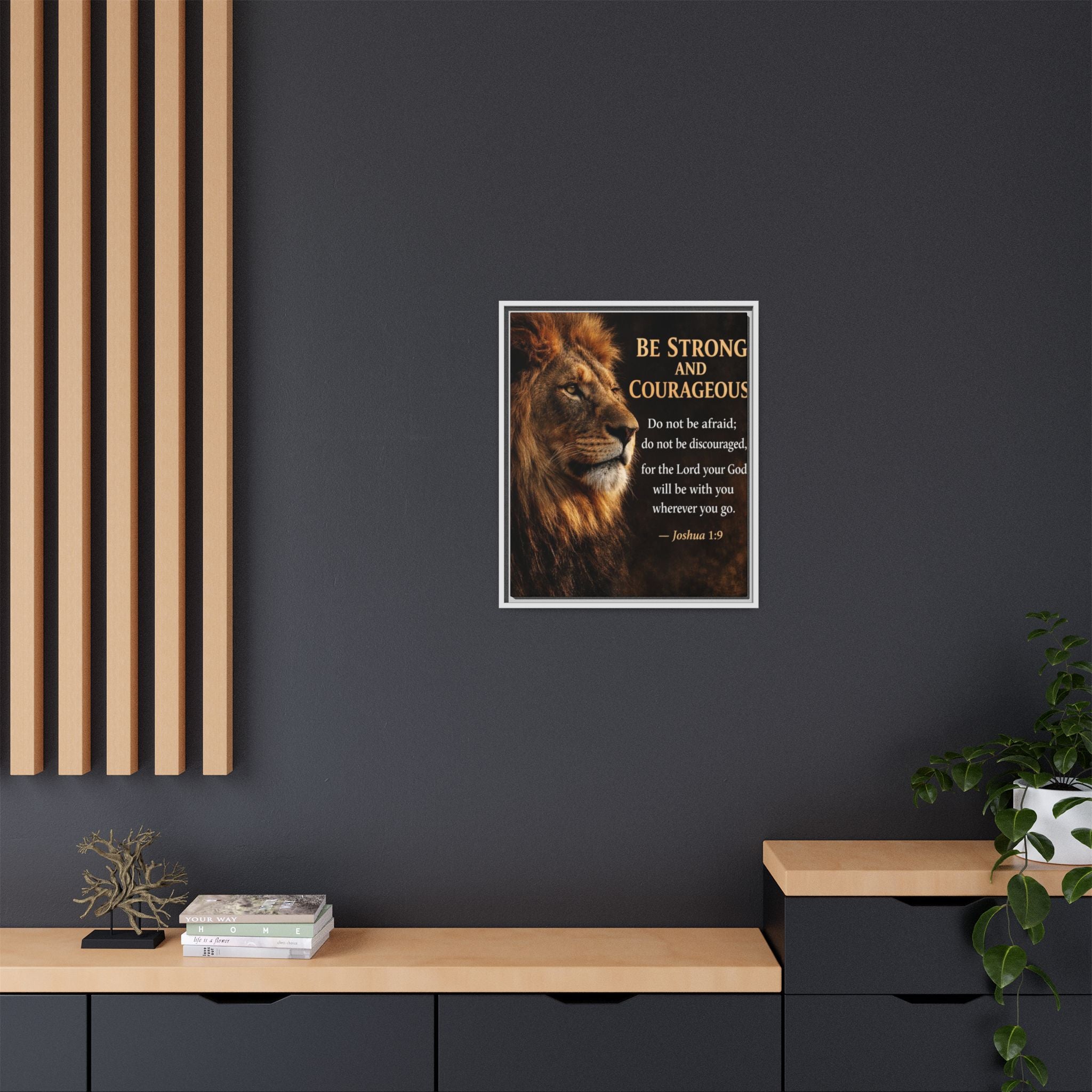 Framed Lion Canvas Print - "Be Strong and Courageous" Joshua 1:9 Inspirational Wall Art