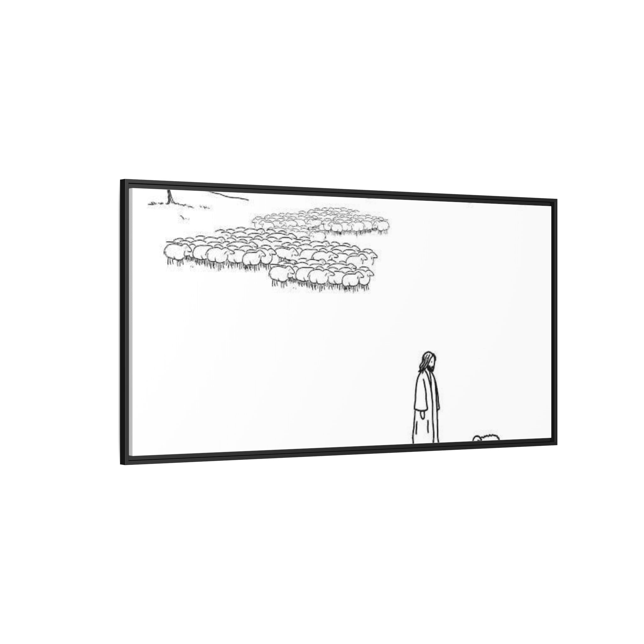 Framed Matte Canvas Print — Minimal The Good Shepherd & Flock Line Art