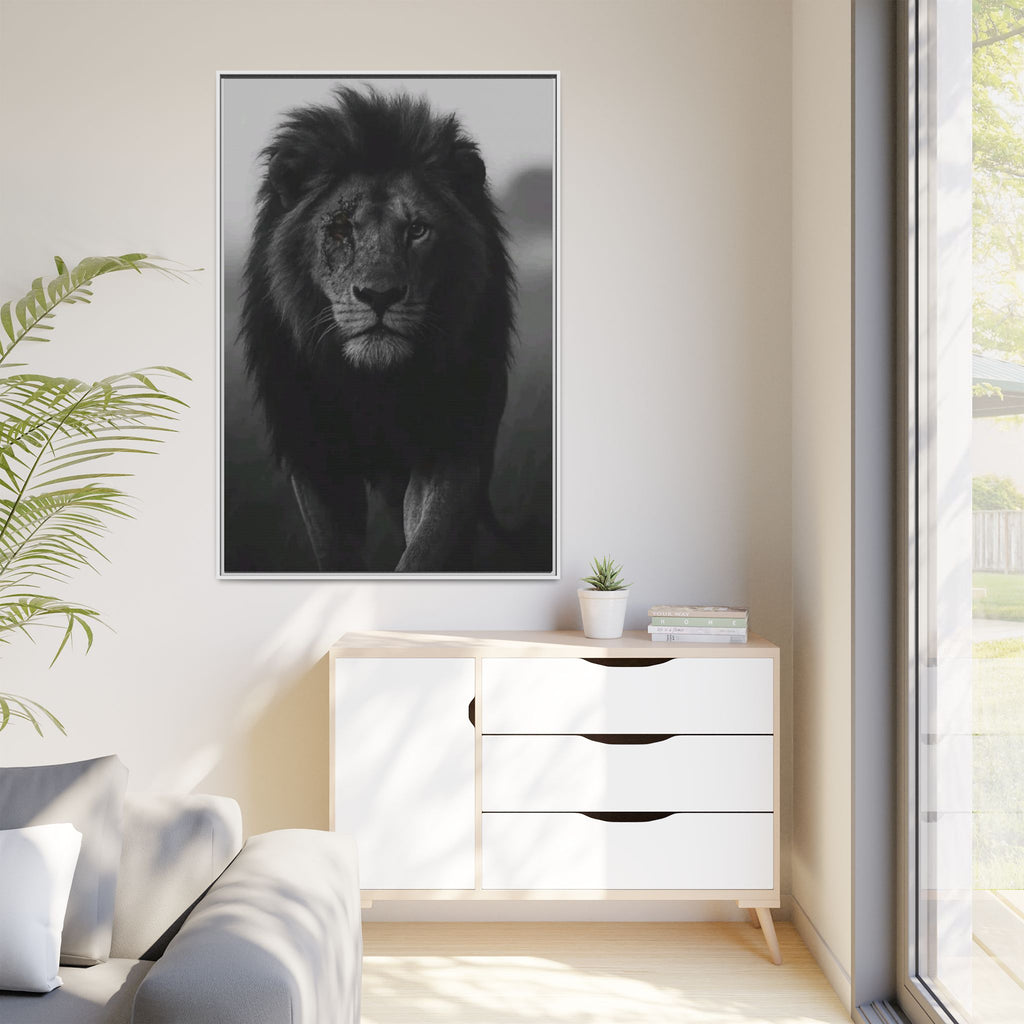Framed Matte Canvas Lion Wall Art – Black & White Majestic Lion Print