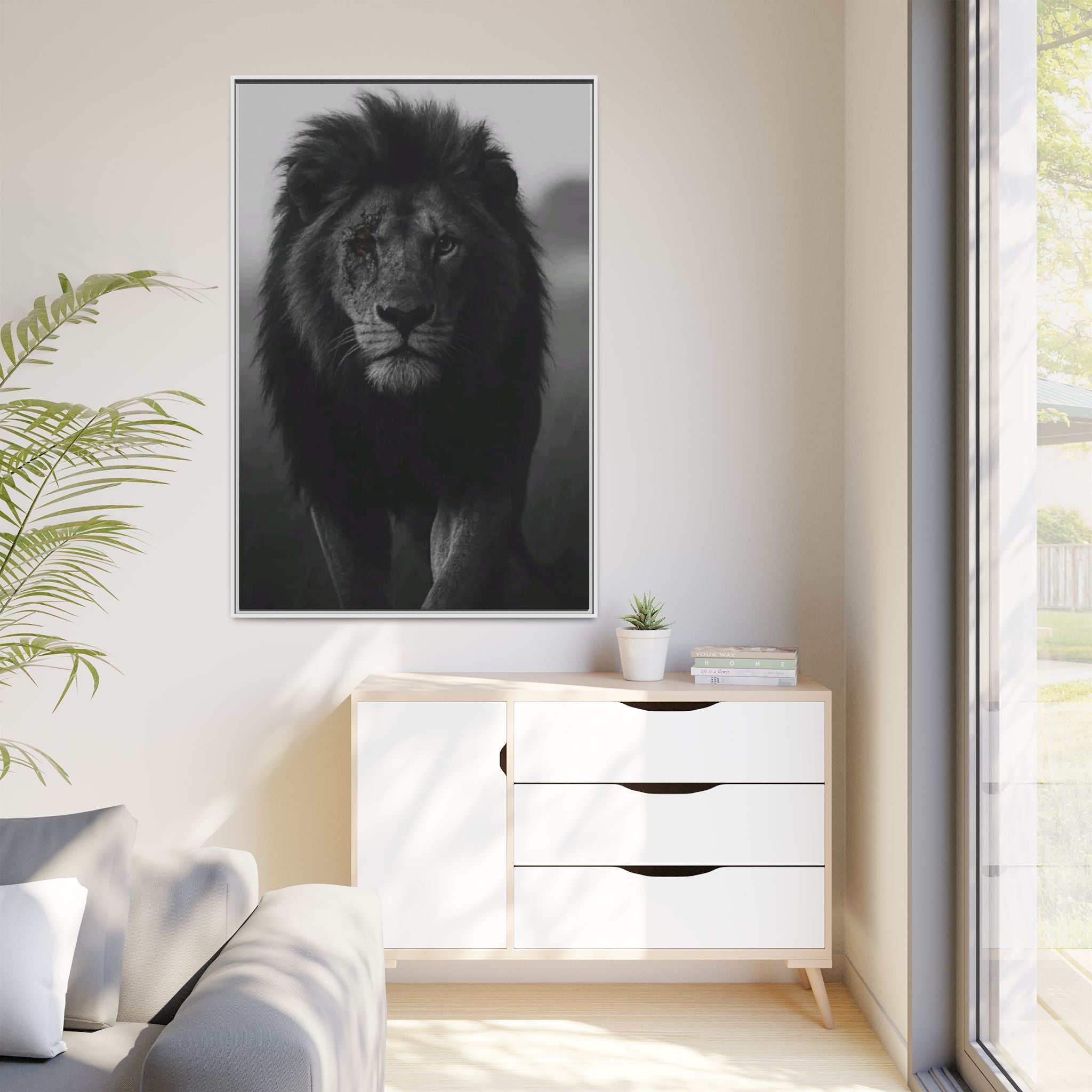 Framed Matte Canvas Lion Wall Art – Black & White Majestic Lion Print