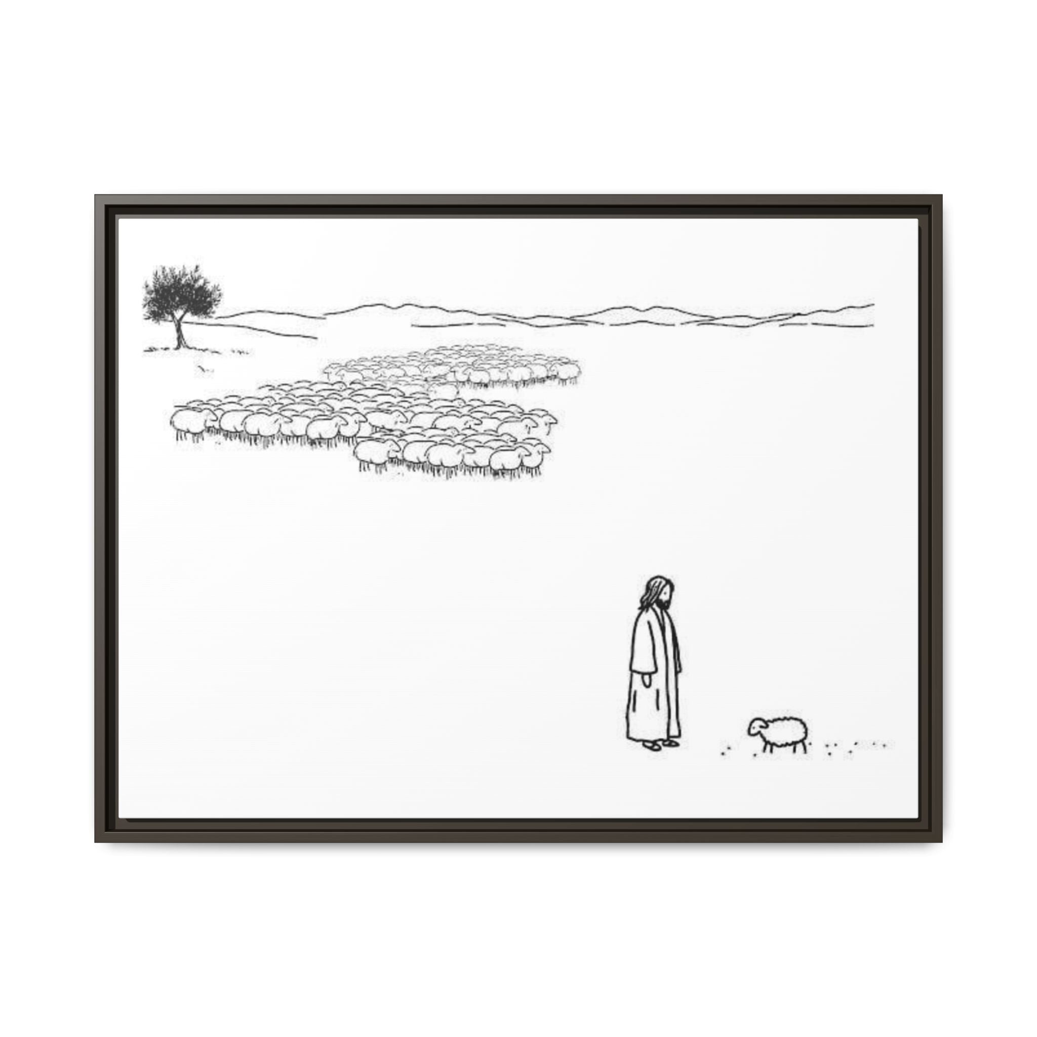 Framed Matte Canvas Print — Minimal The Good Shepherd & Flock Line Art