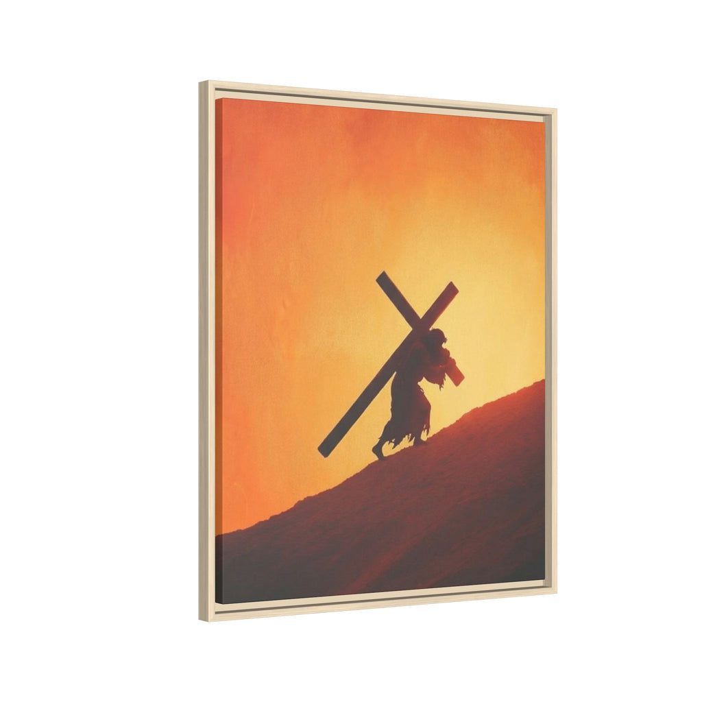 Jesus Christ Carrying Cross Framed Canvas — 'The World On His Shoulder' Sunset Art