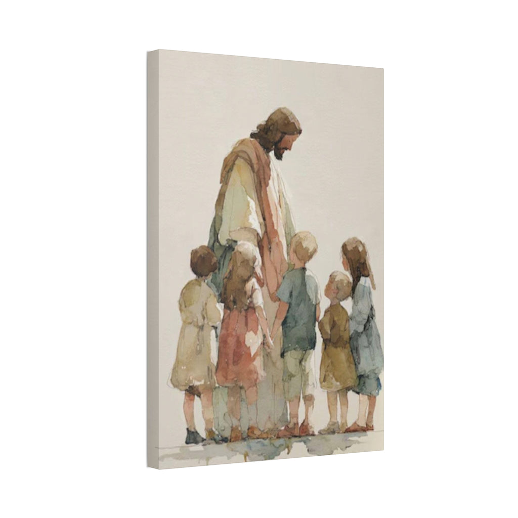 Faithful Father and Children Watercolor Canvas Print — Religious Nursery Wall Art