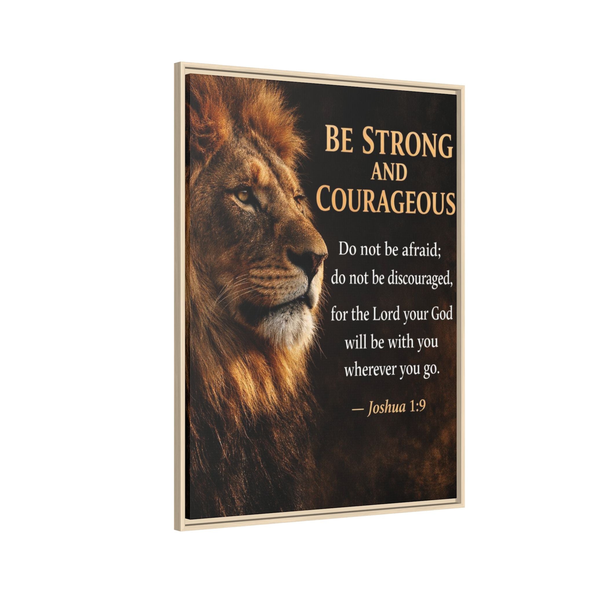 Framed Canvas Wall Art — "Be Strong and Courageous" Lion Joshua 1:9 Inspirational FAITH Art