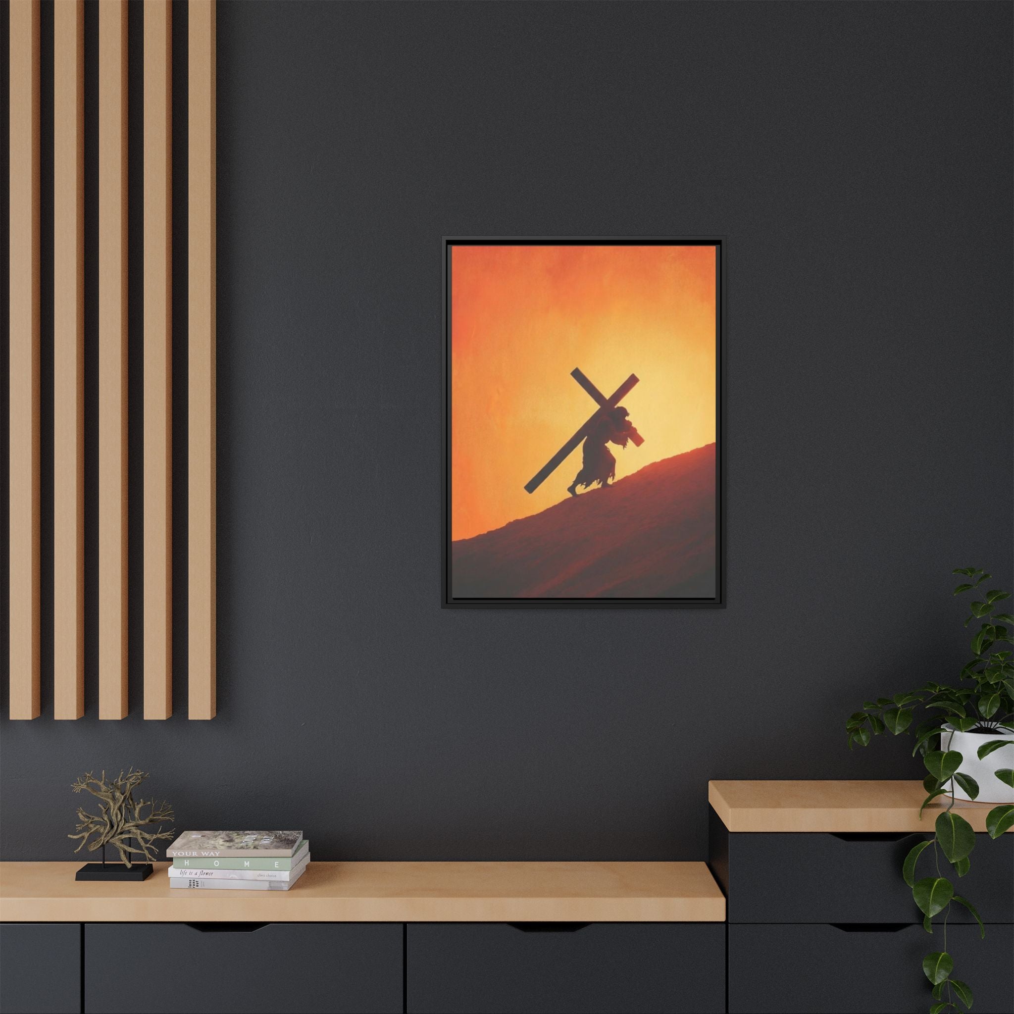 Jesus Christ Carrying Cross Framed Canvas — 'The World On His Shoulder' Sunset Art