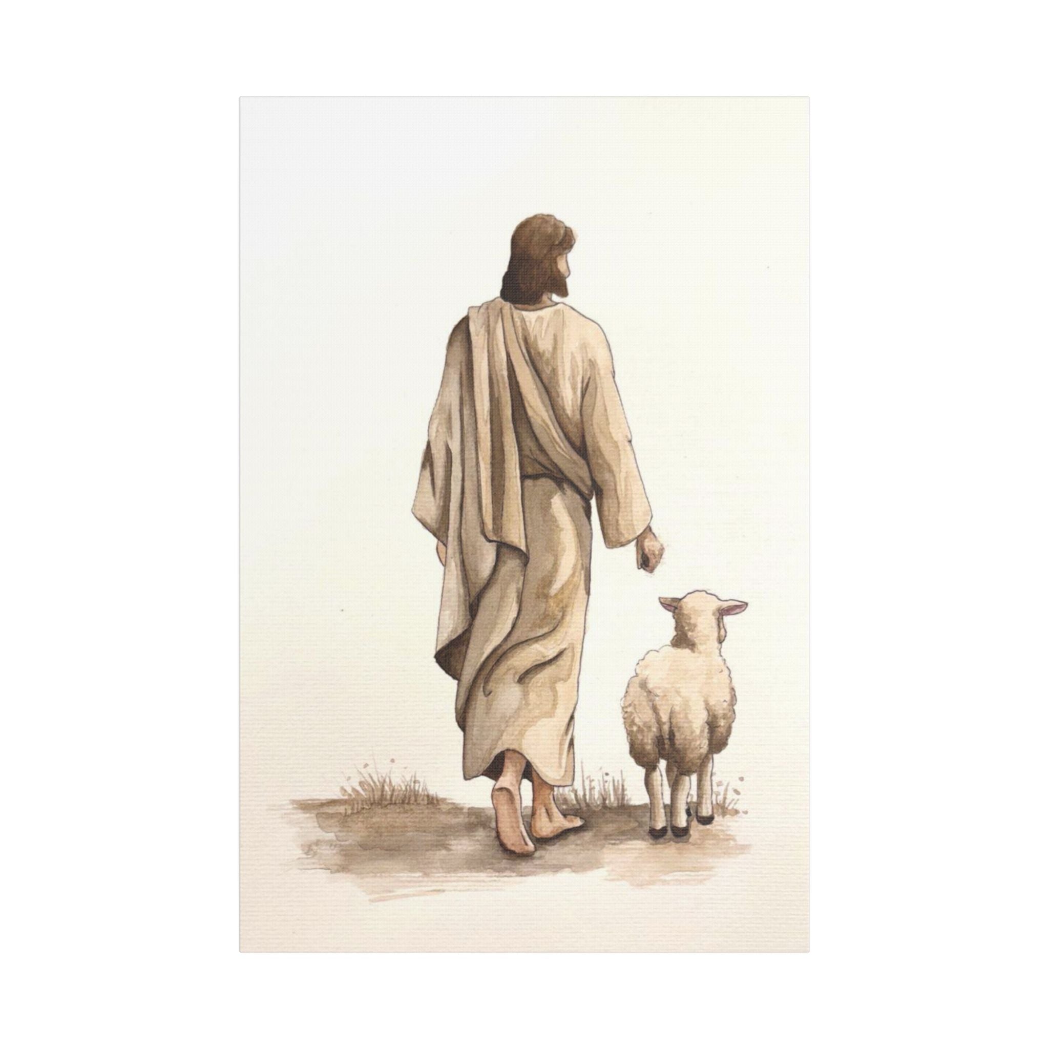 Jesus with Lamb Satin Canvas Wall Art – Christian Religious Stretched Canvas
